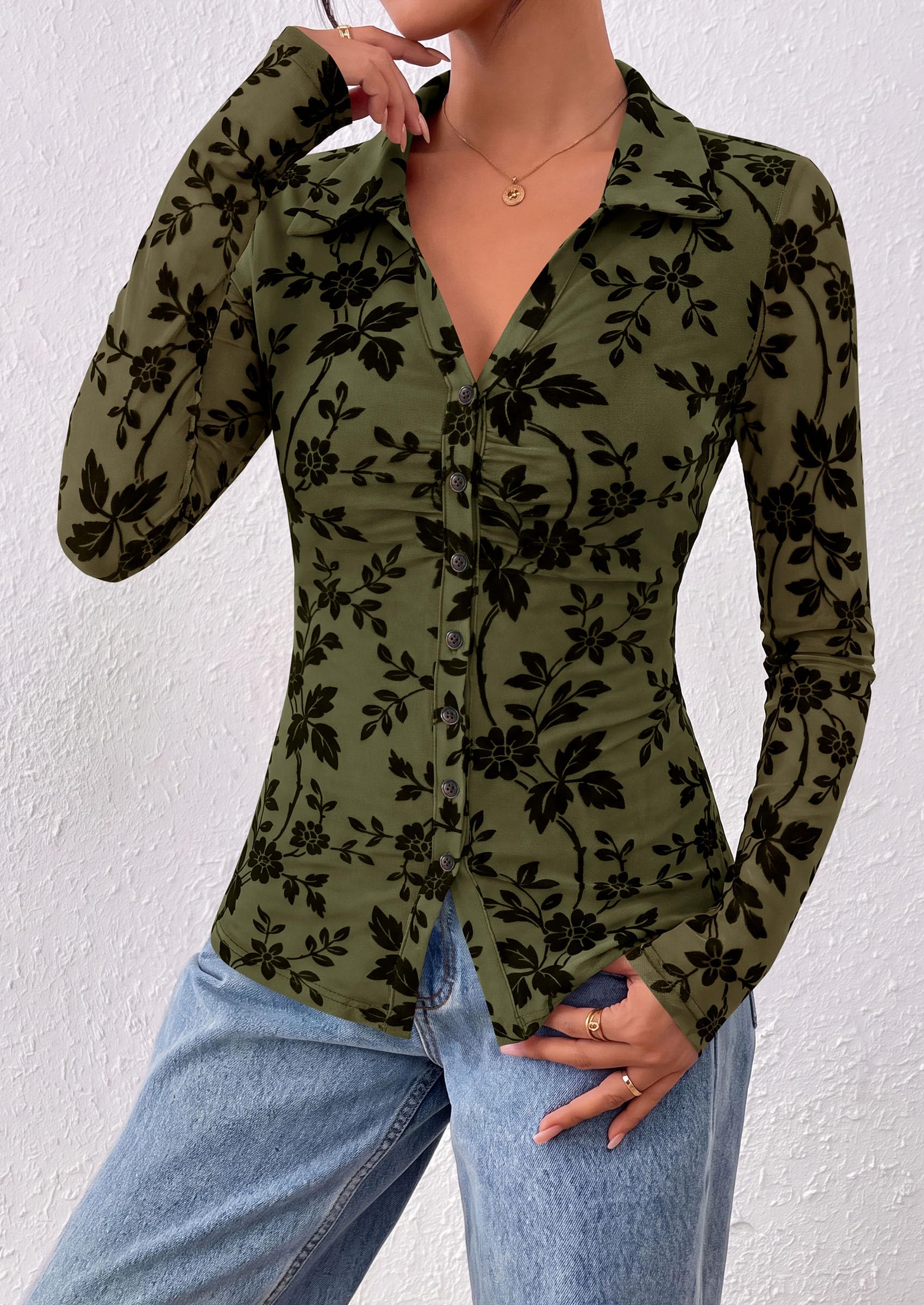 Women's Long Sleeve Floral Mesh Boho Tops Button Down Shirts