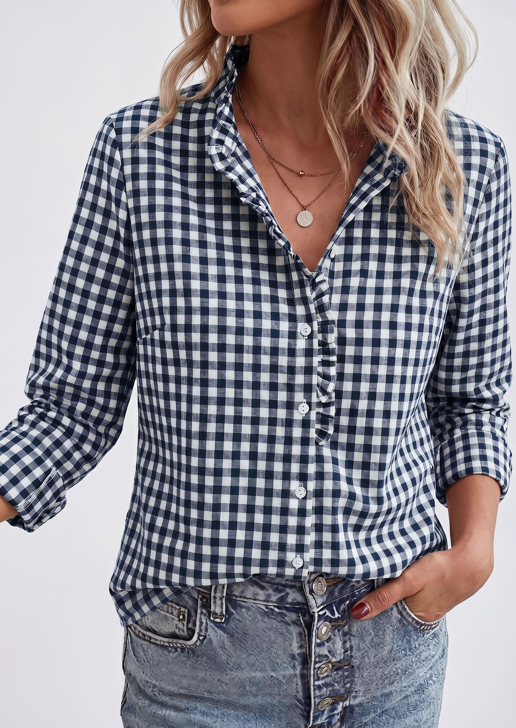 Womens Long Sleeve Button Down Shirts,Navy White,S