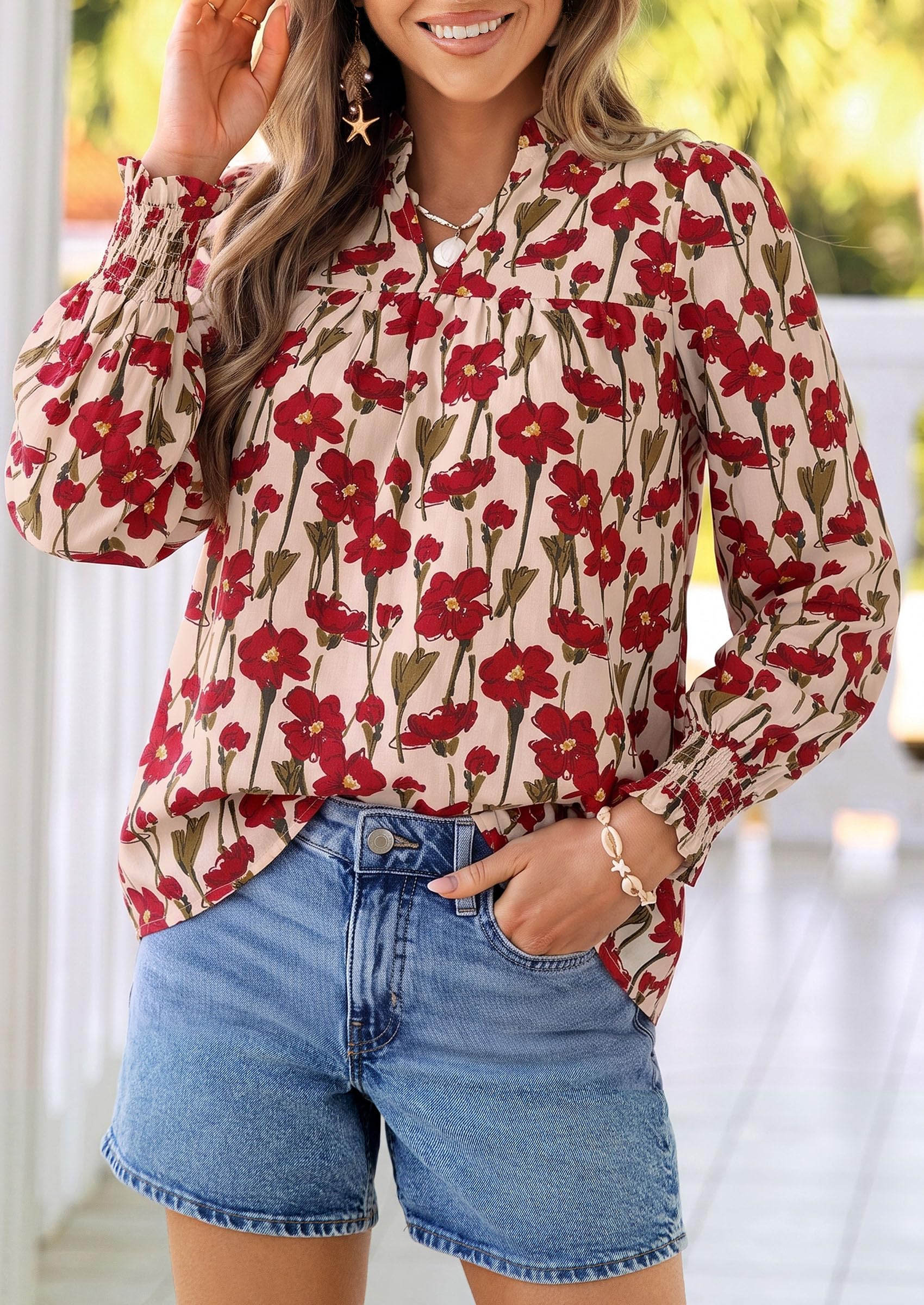 Women's Boho Floral Blouses Dressy Casual Apricot Red,S