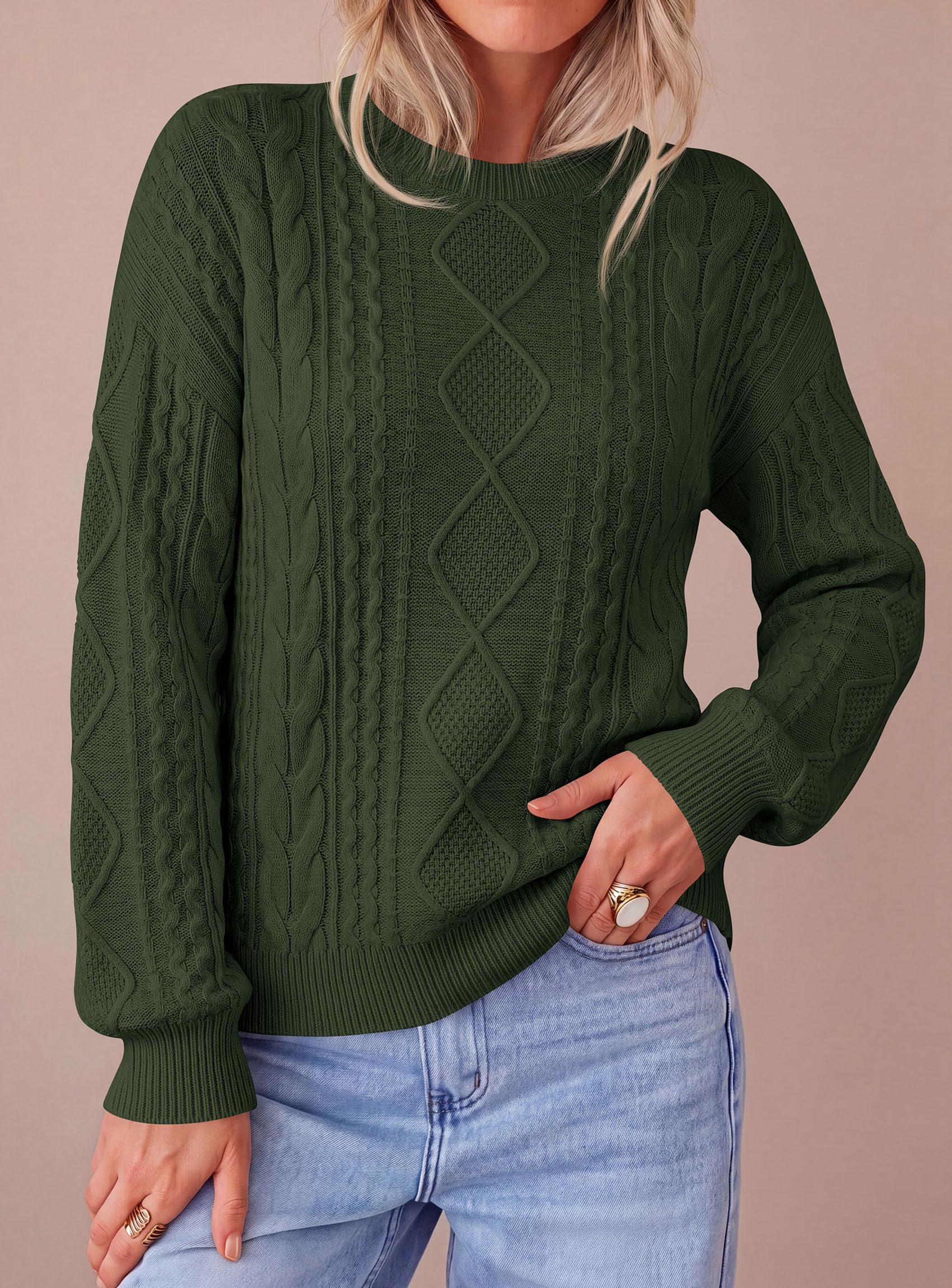 Women's Crewneck Cable Knit Sweater Pullover Tops Army Green
