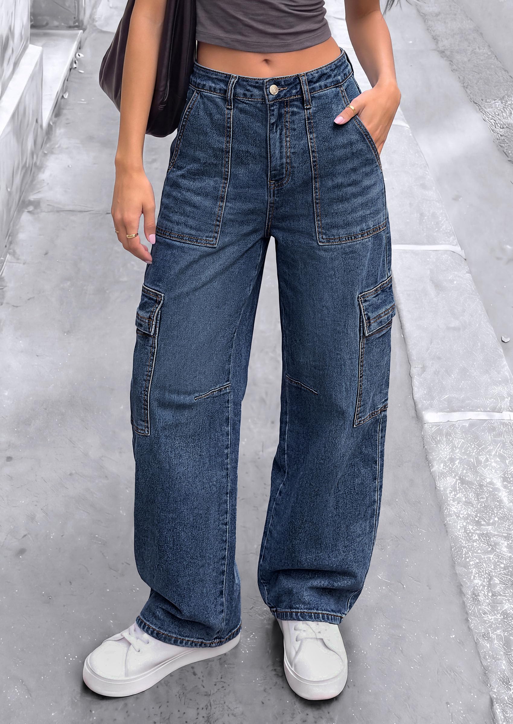 Barrel Pants Women Wide Leg Baggy Denim Jeans Dark Blue,4