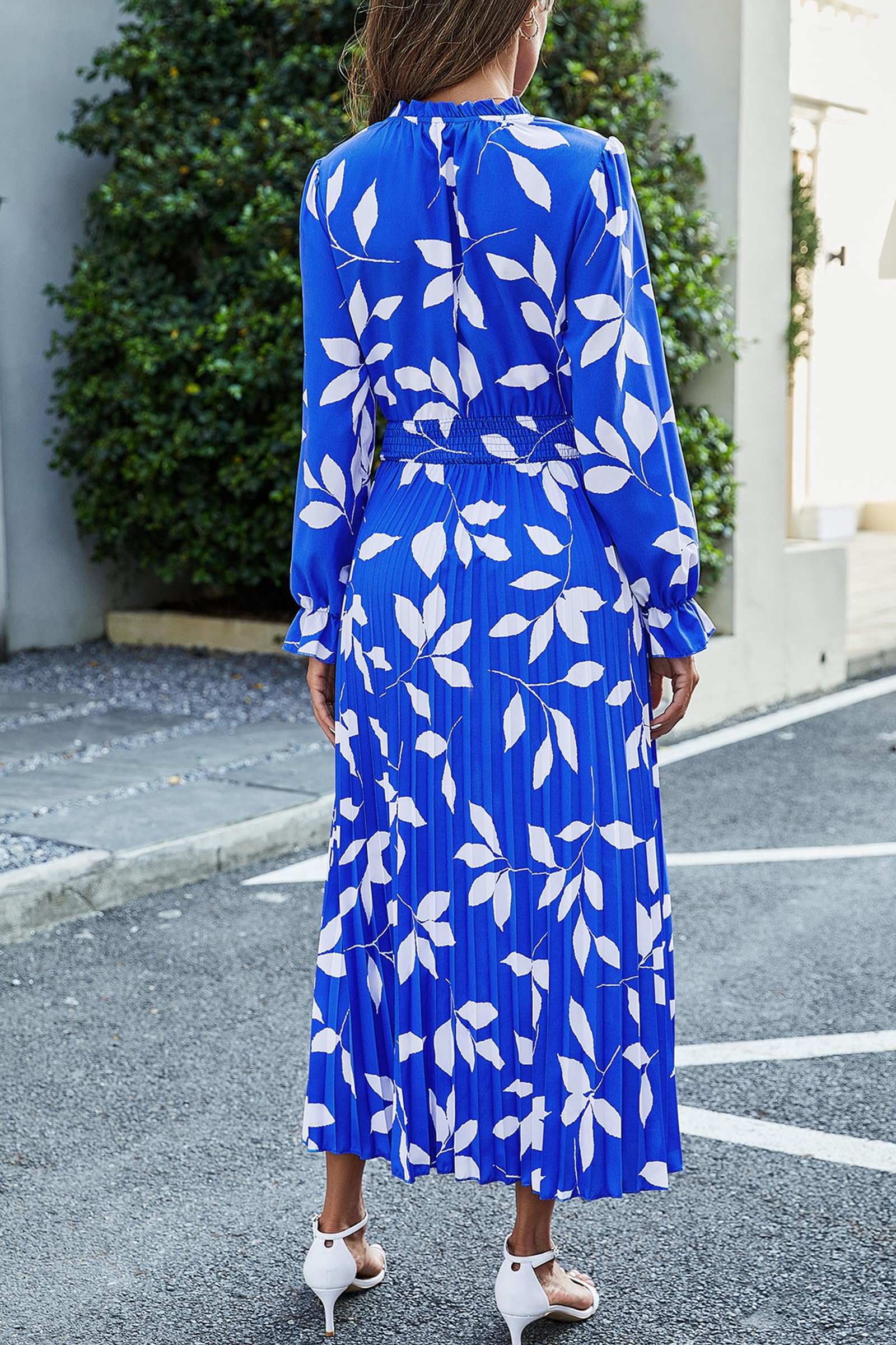 Women's Fall Midi Wedding Guest Dress(Blue Leaves,Medium)