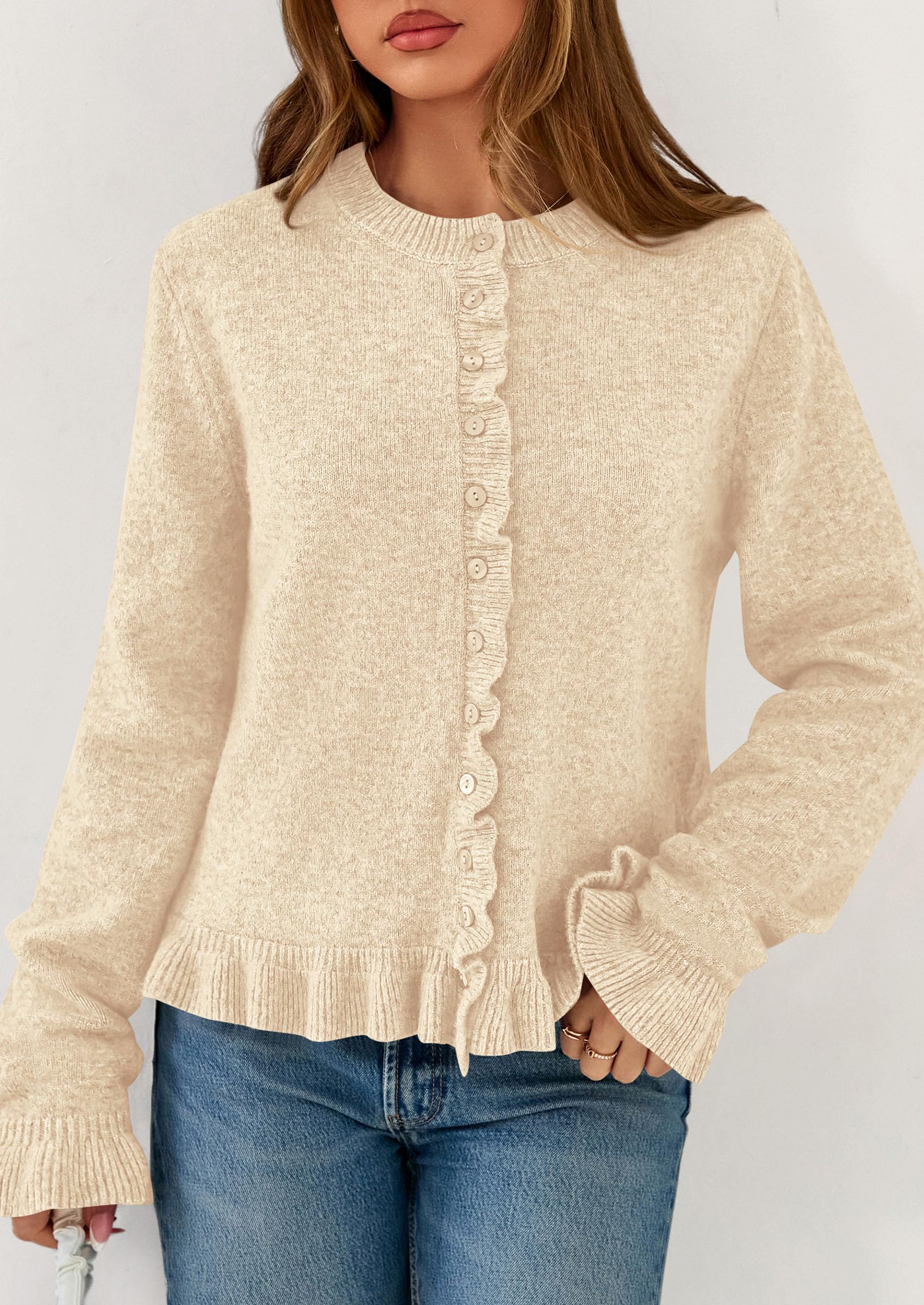 Womens Ruffle Button Down Cardigan Sweaters,Beige,S