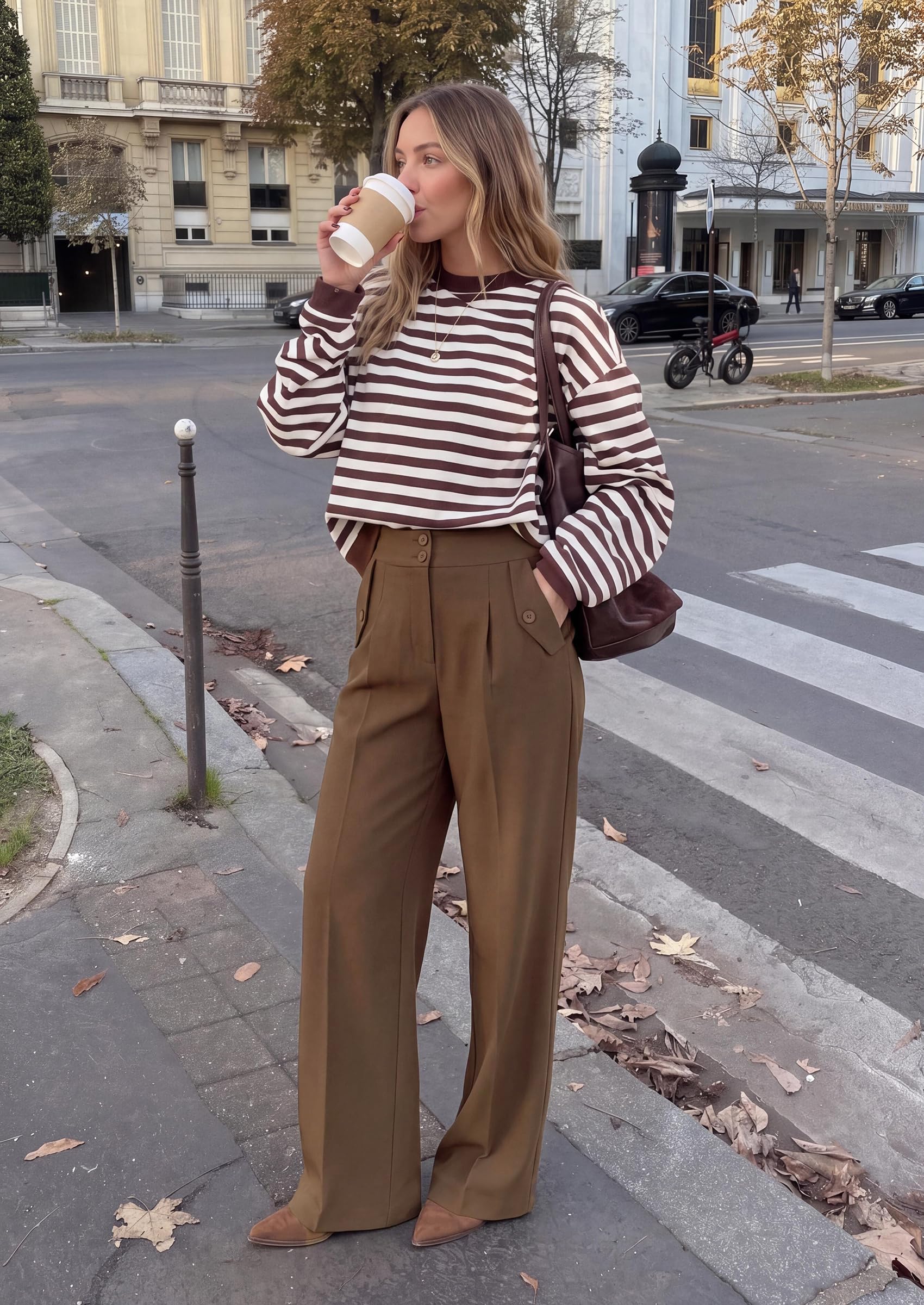 Women's Wide Leg Work Dress Pants Trousers (Brown,S)
