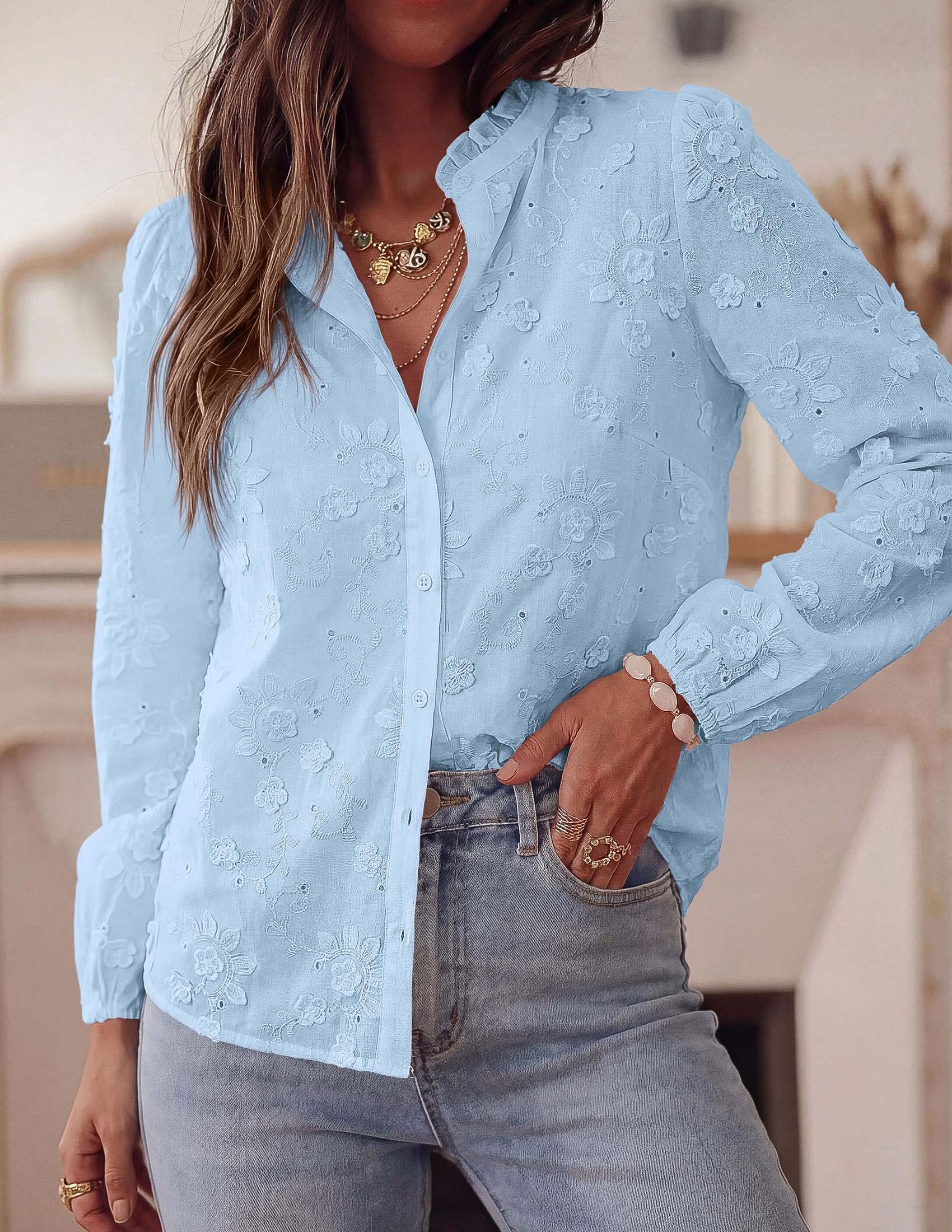 Women's Floral Embroidered Button Down Shirts Work Blouses
