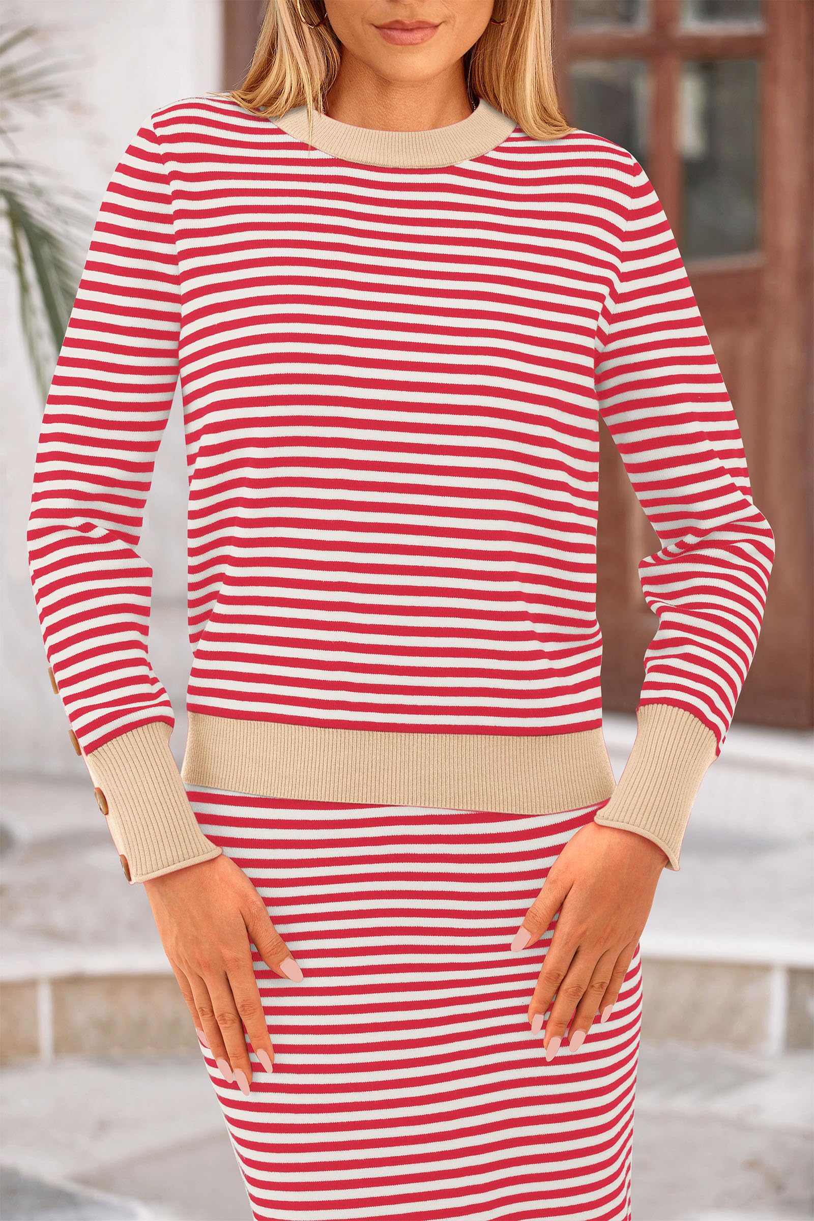 Women's 2 Piece Striped Sweater Skirt Set Fall Matching Sets