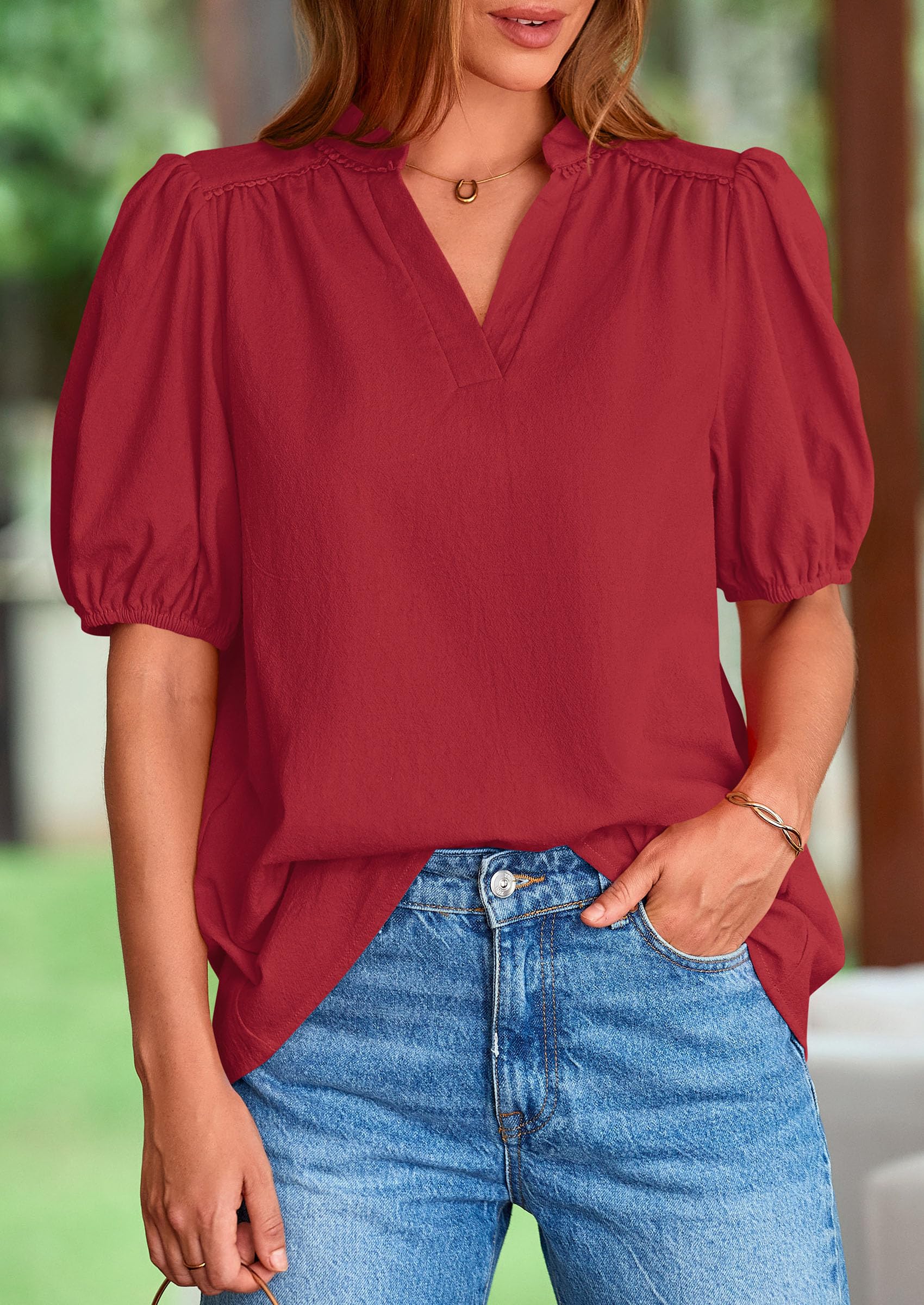 Womens Short Puff Sleeve V Neck Blouses,Dark Red,S