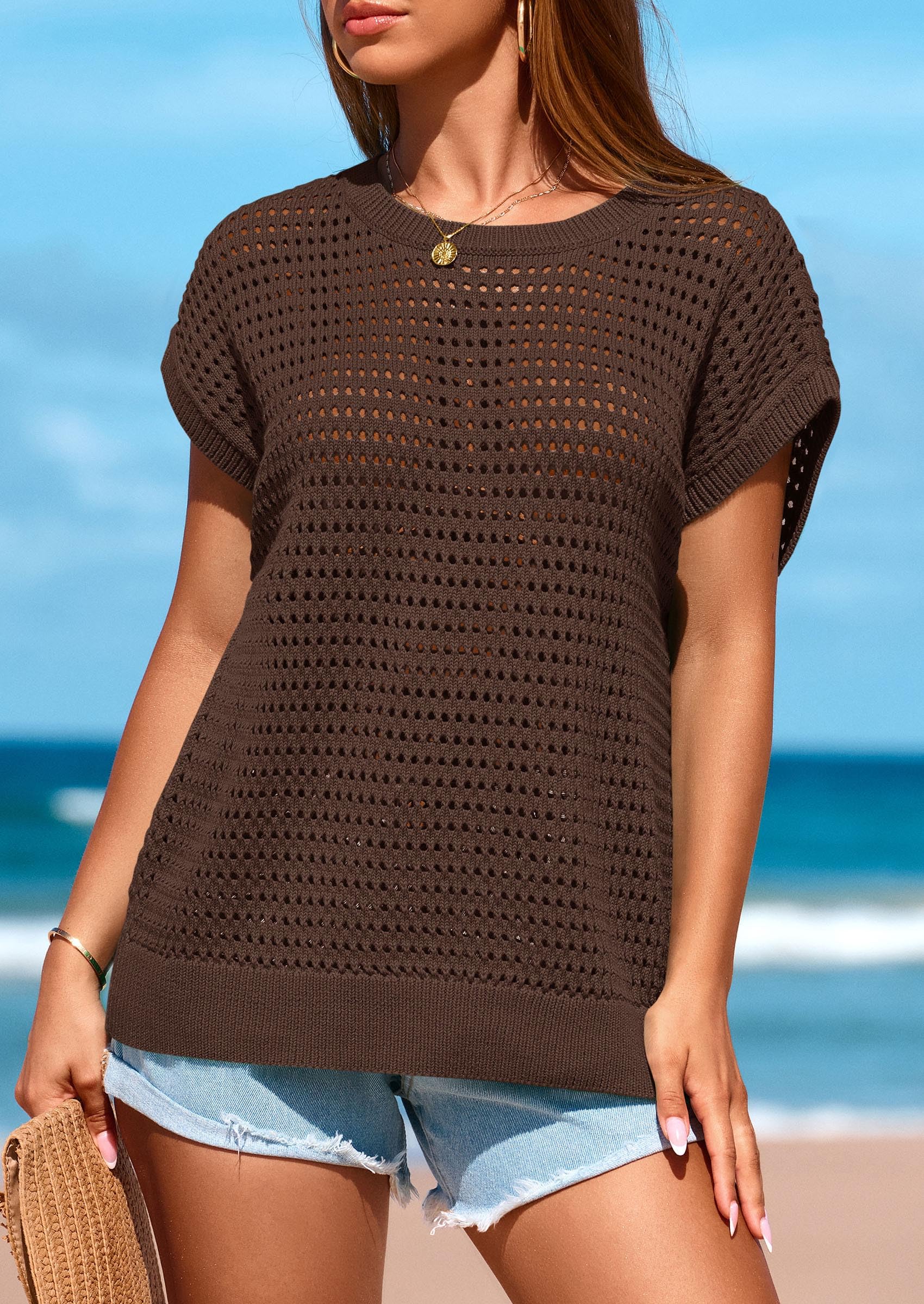 Women's Summer Crochet Cap Sleeve Sweater Tops,Coffee,S