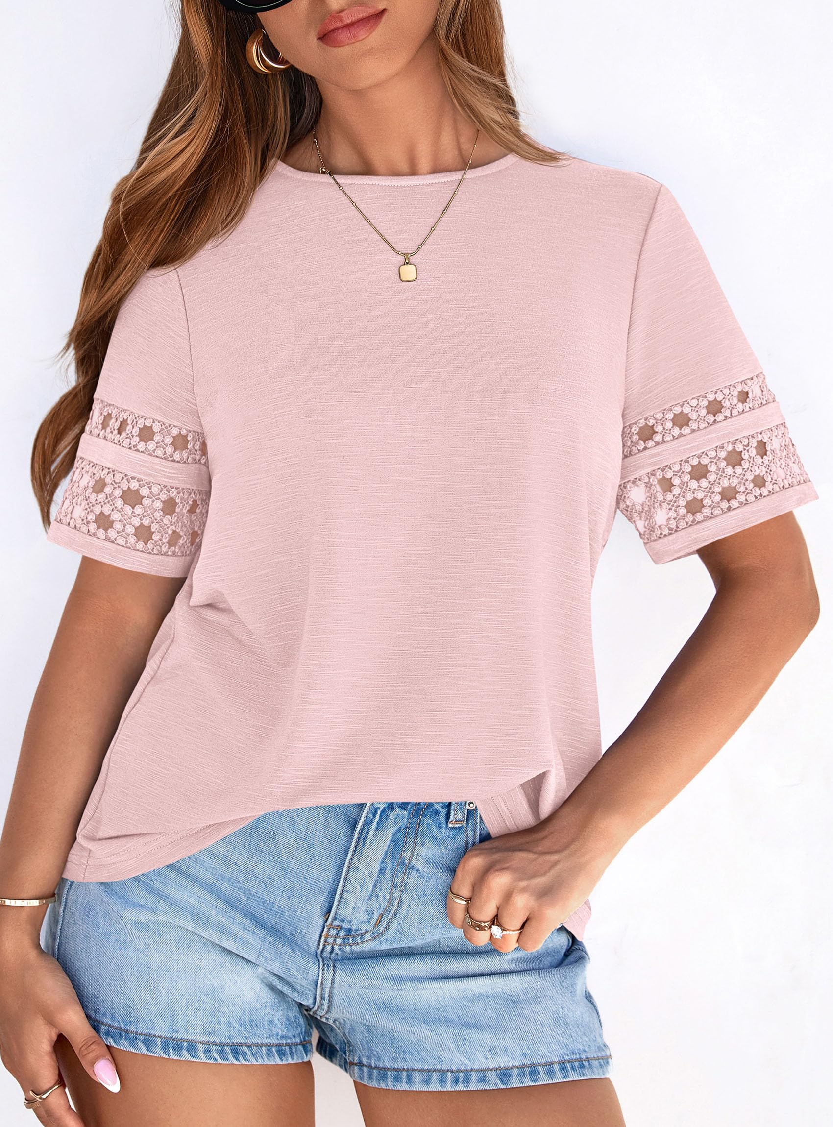 Women's Summer Short Sleeve Lace Trim T-Shirts,Pink,S