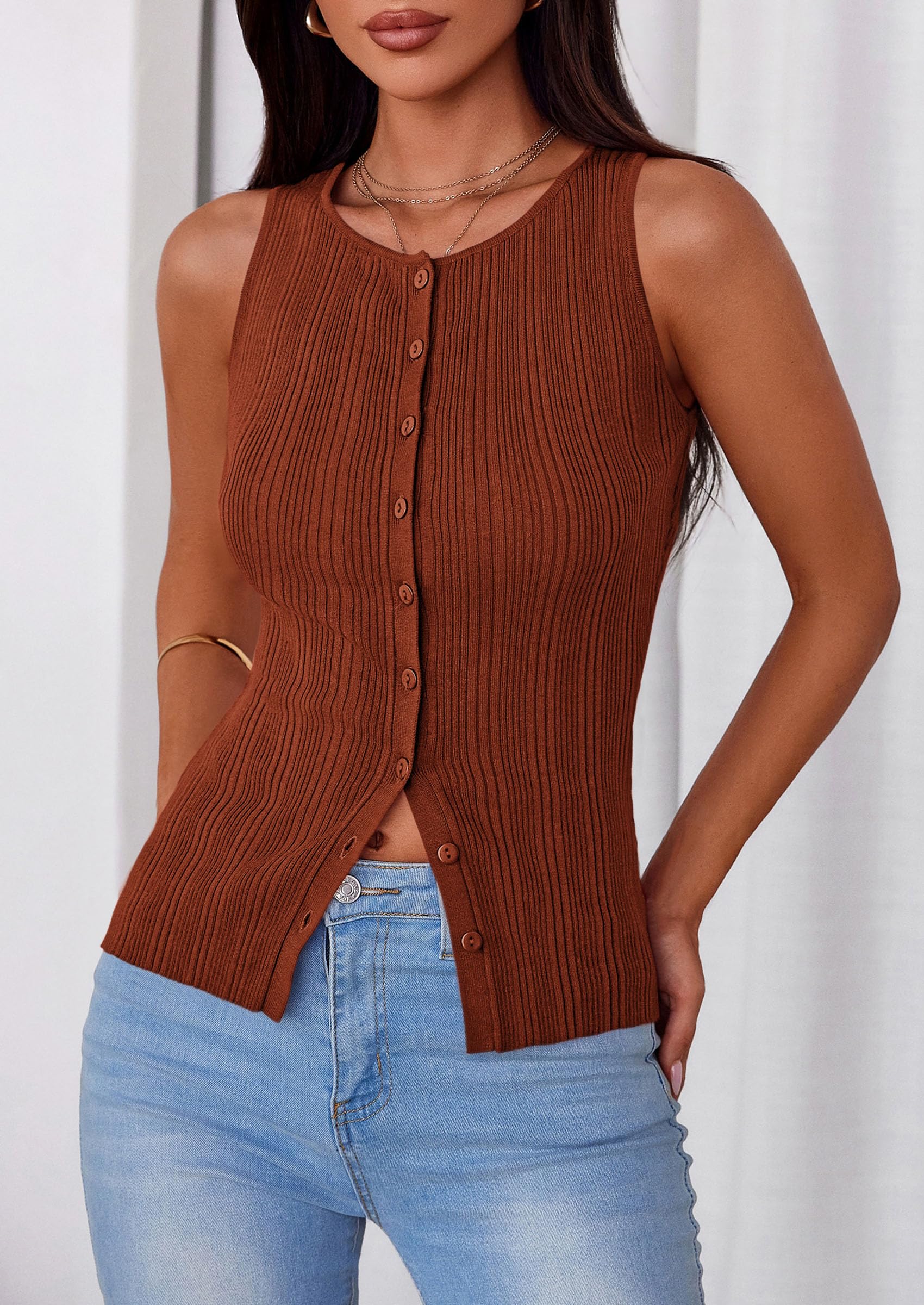 Sleeveless Button Down Shirts for Women Summer 2026 Going Out Ribbed Knit Tank Tops Y2K Clothes Trendy Vest Tops Caramel