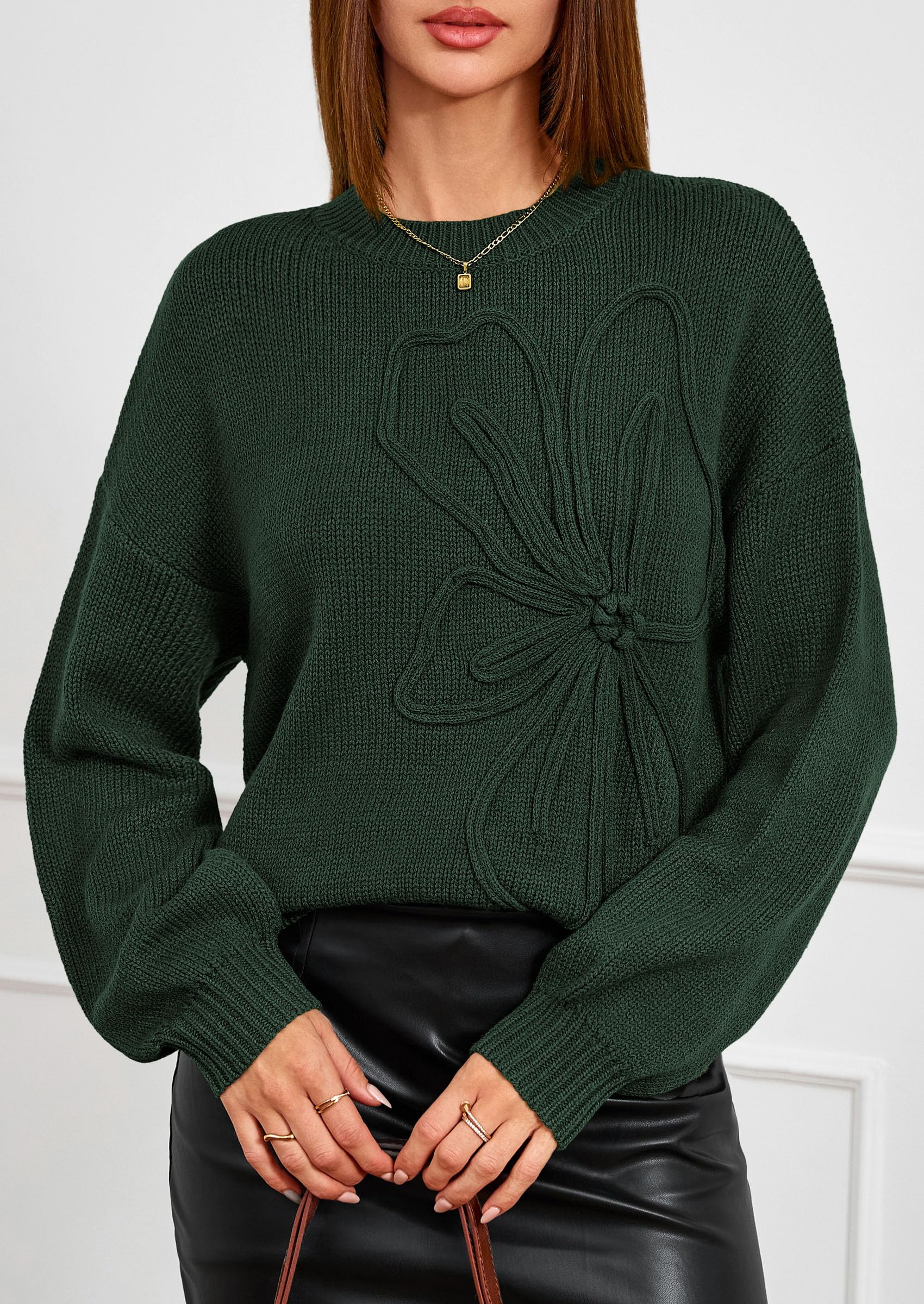 Women's Oversized 3D Floral Knit Sweater,Dark Green,S