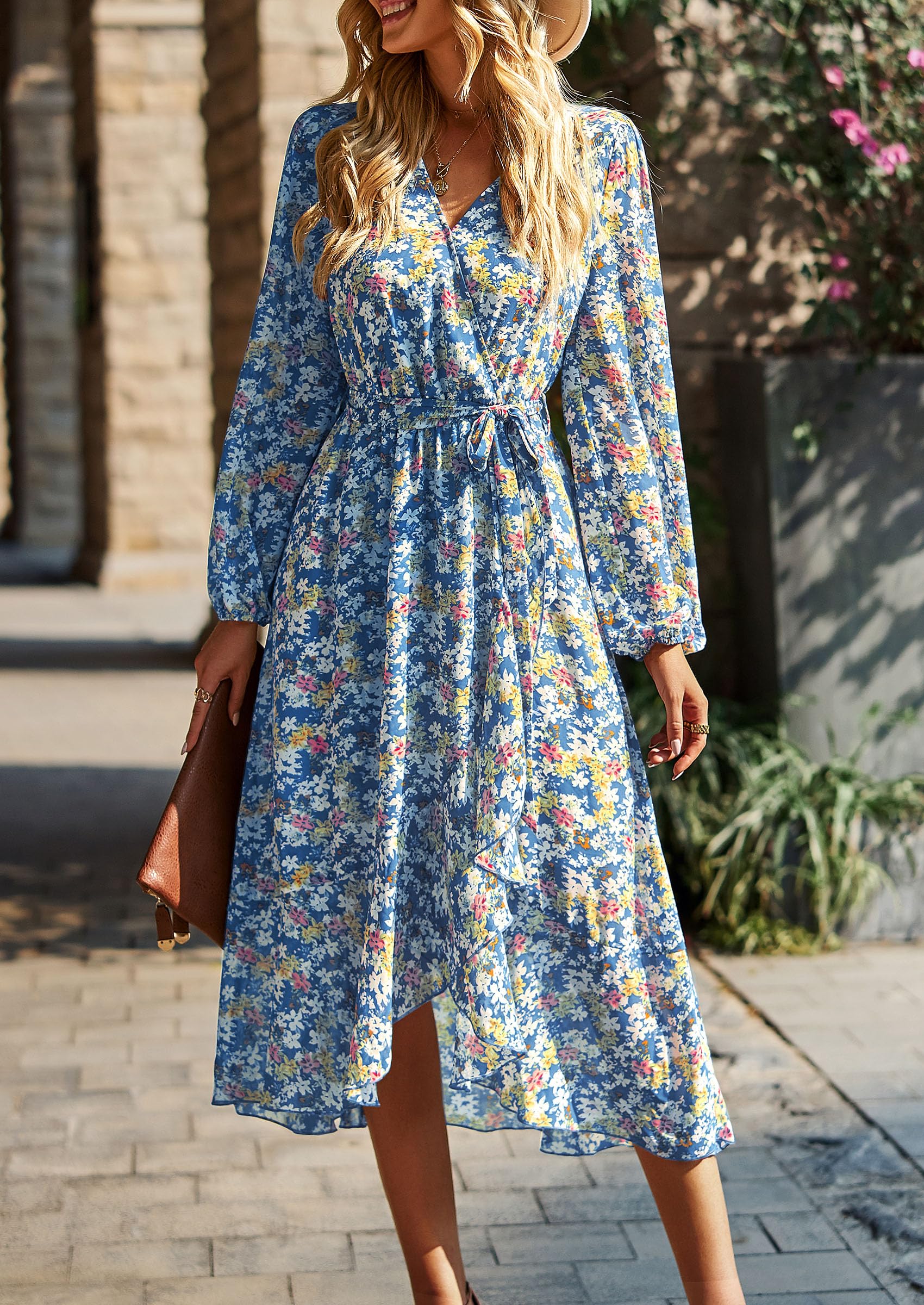 Women's Floral Boho Long Sleeve Maxi Dress, Floral Blue,S