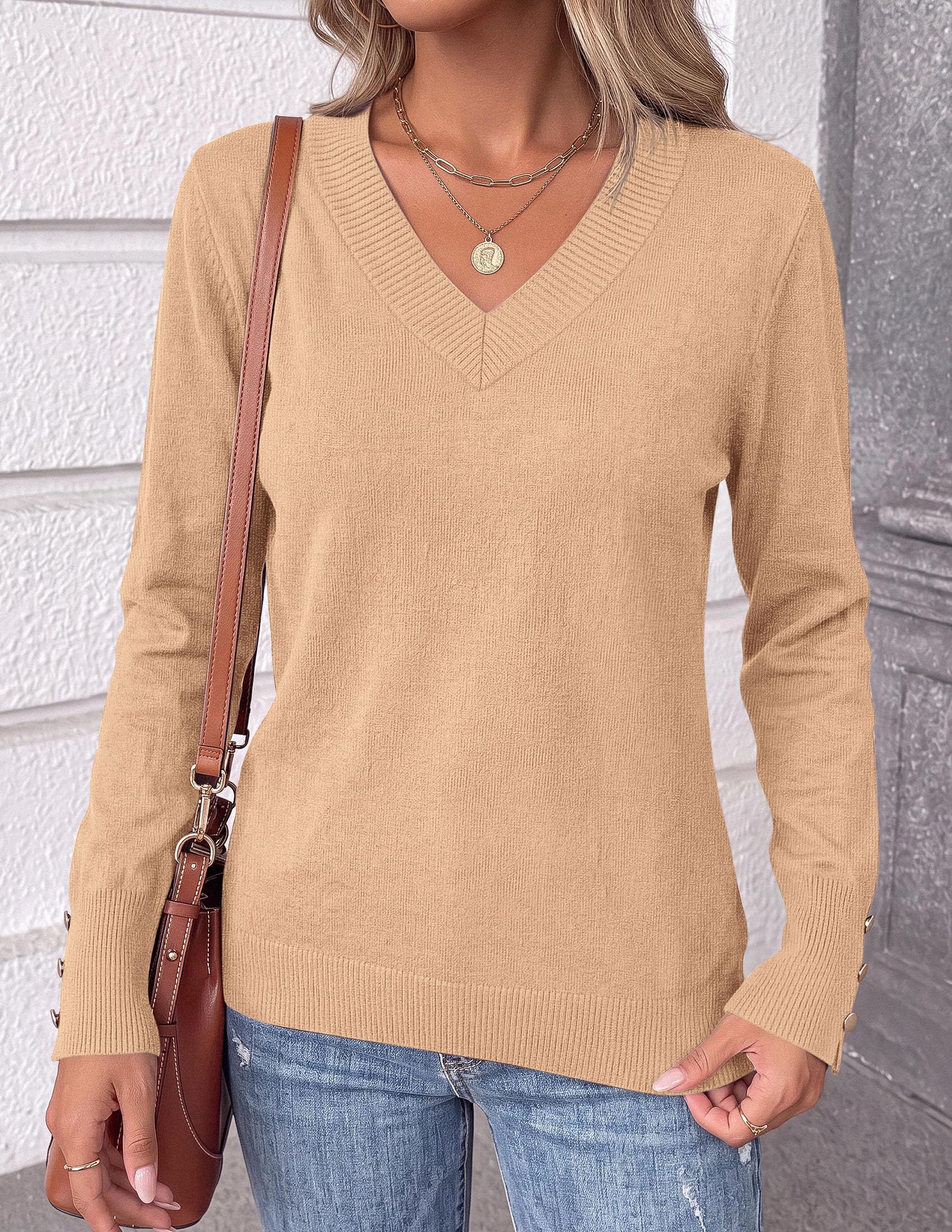 Fall Sweaters for Women V Neck Lightweight Pullover Top Khaki