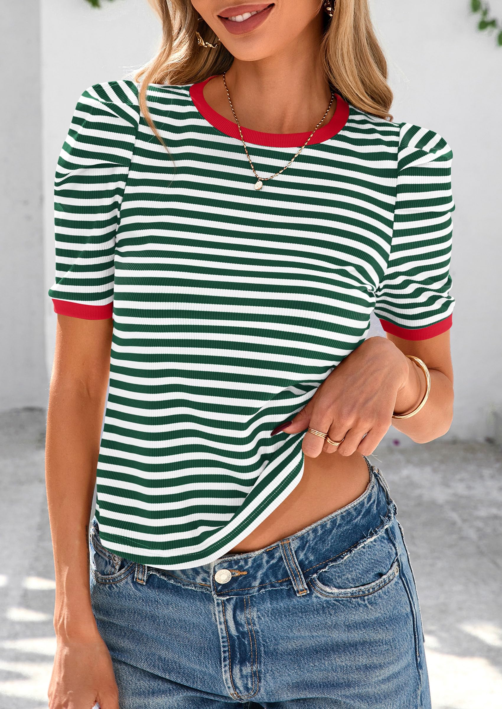 Ribbed Puff Short Sleeve Tops for Women Striped Shirt Green,S