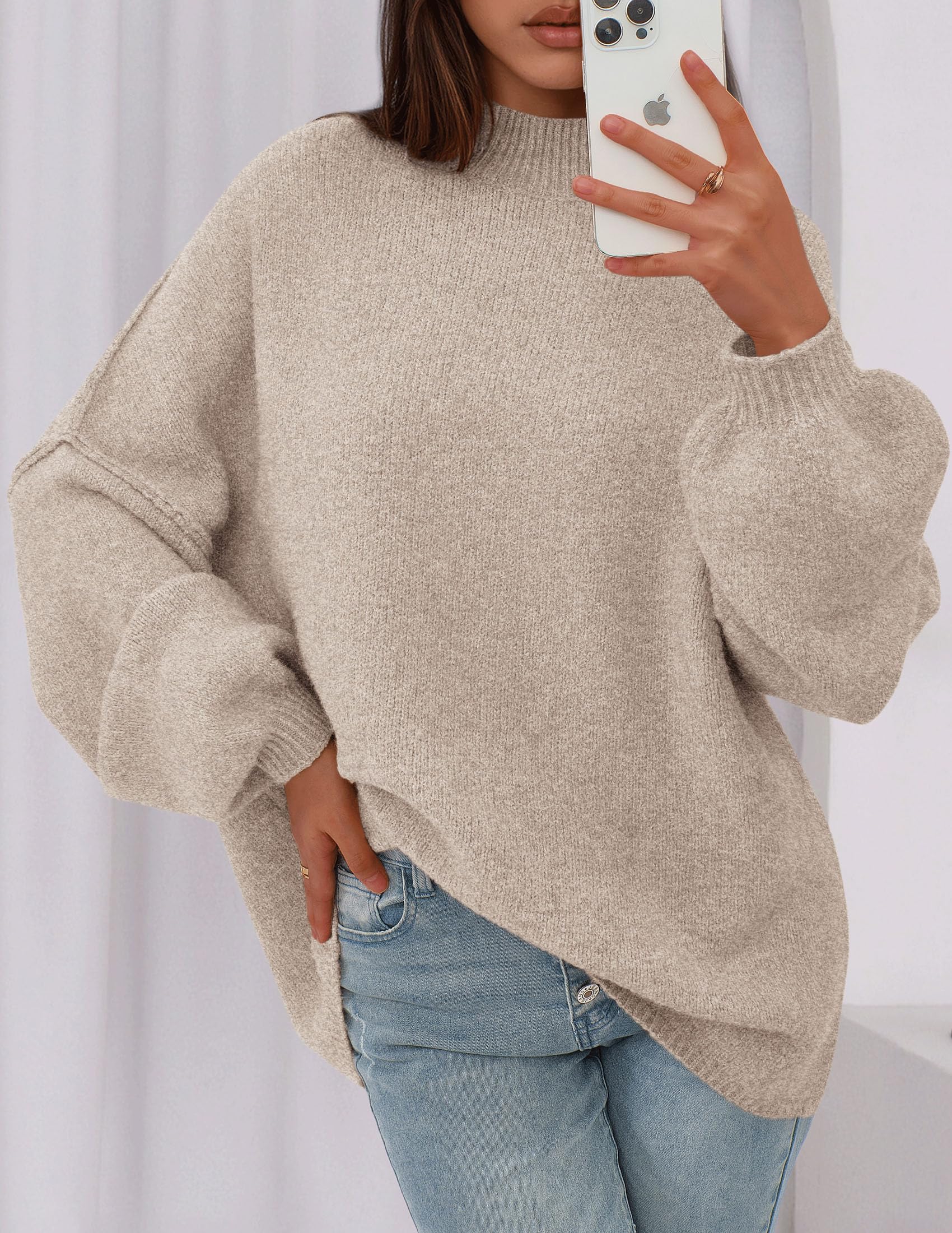 Women's Oversized Sweaters Fall Clothes (Light Khaki,M)