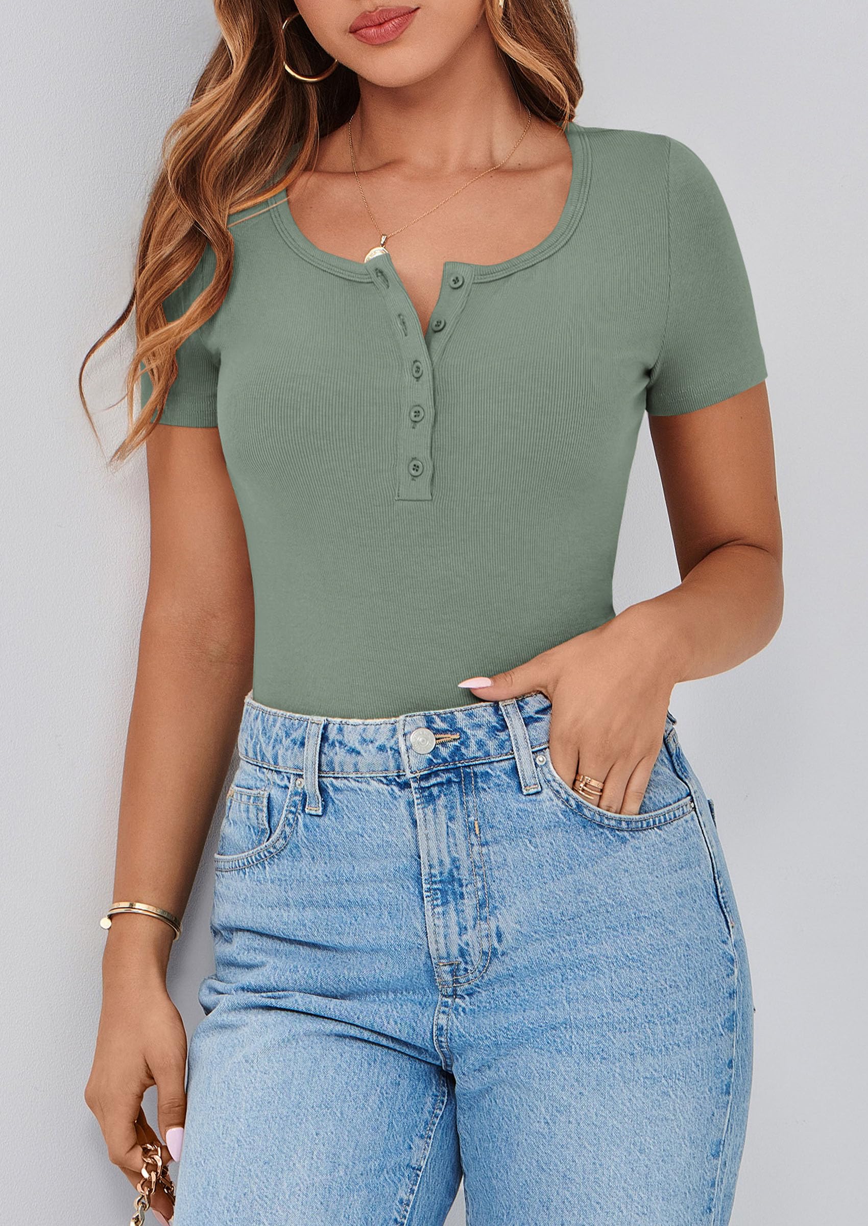 Women's Summer Tops Henley Tee Shirts (Light Green,X-Small)