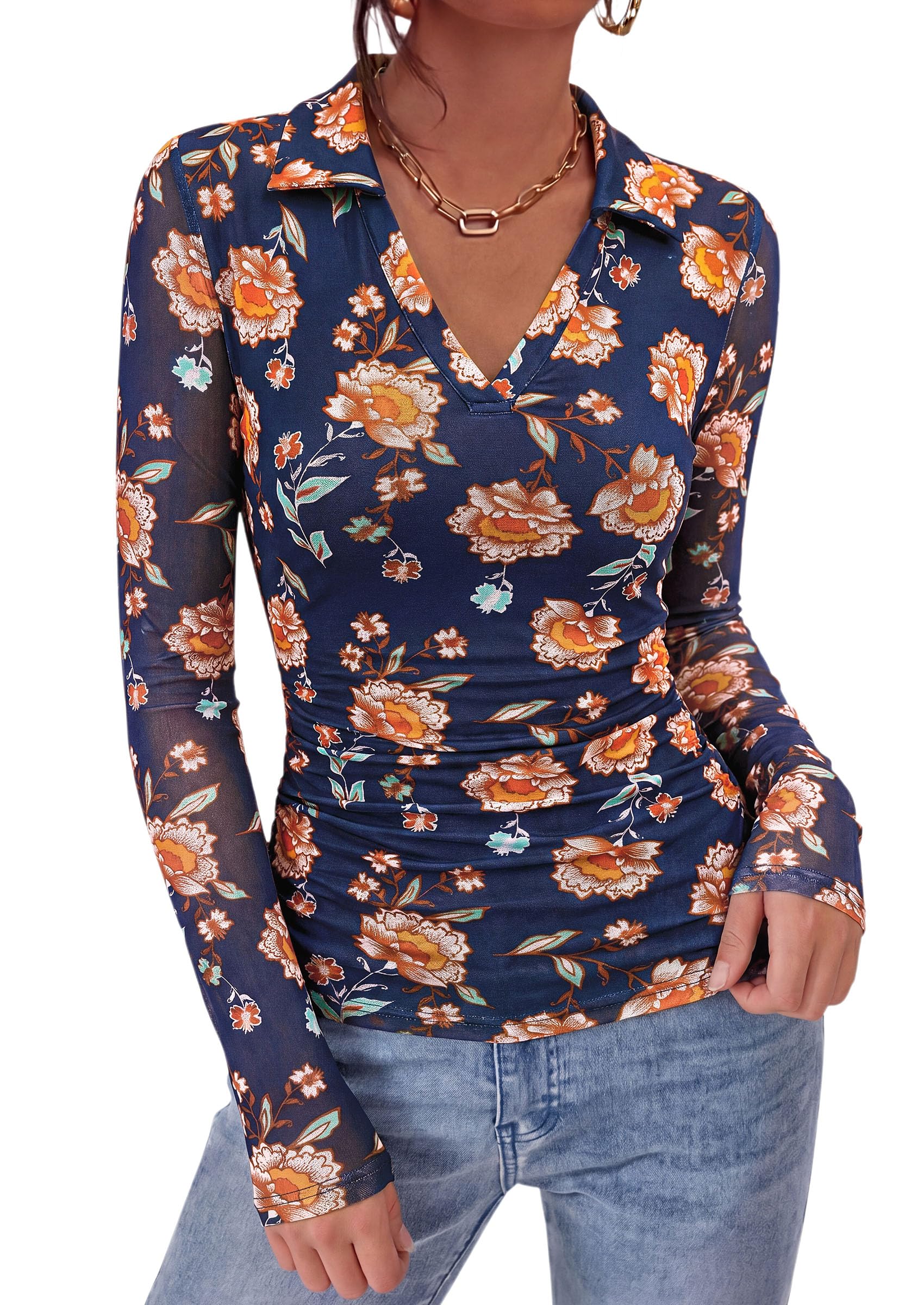 Women's Long Sleeve Boho Floral Mesh Tops Fall V Neck Blouses