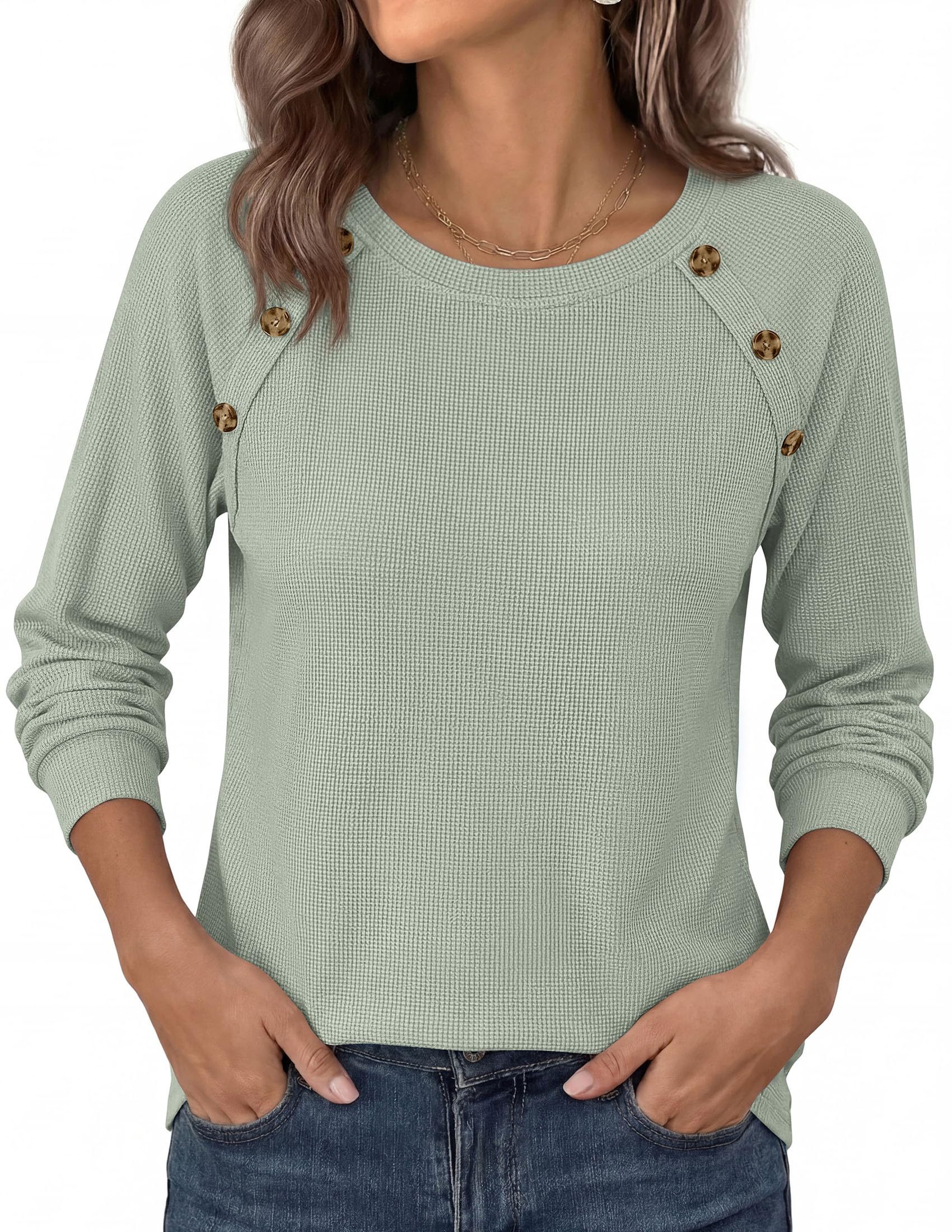 Fall Long Sleeve Waffle Knit Shirts for Women Loose Tunic Tops