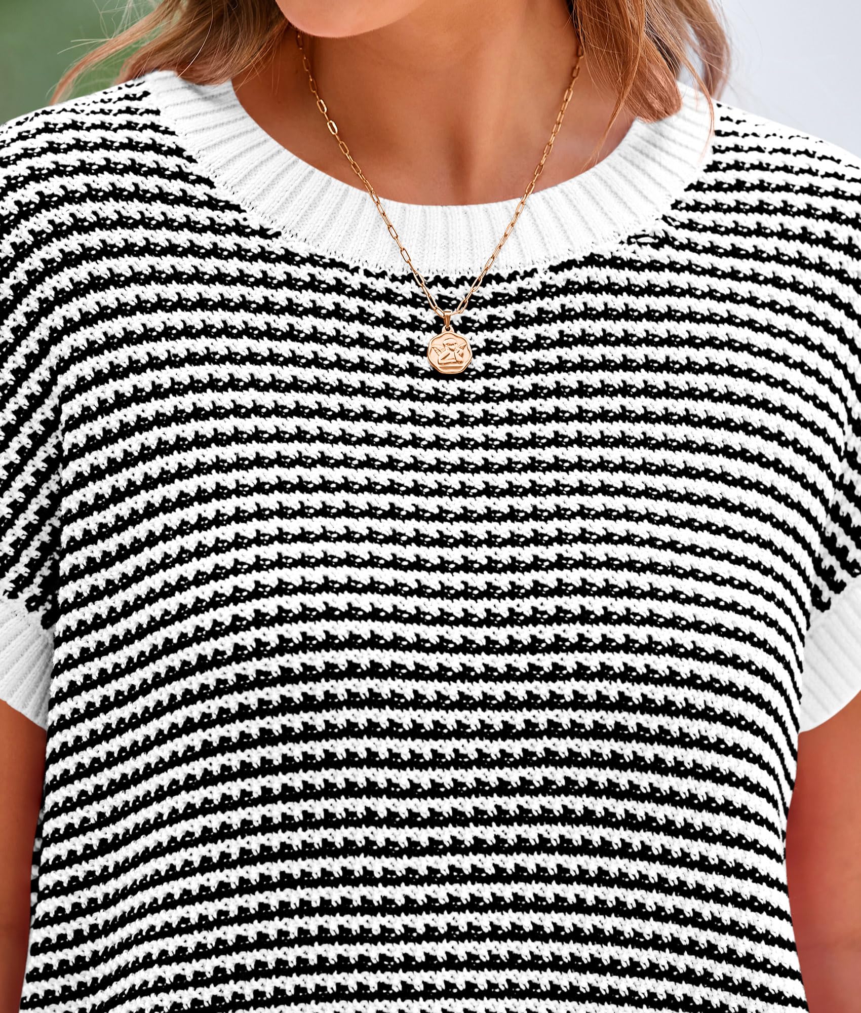 Women's Striped Short Sleeve Sweater Vest White,S