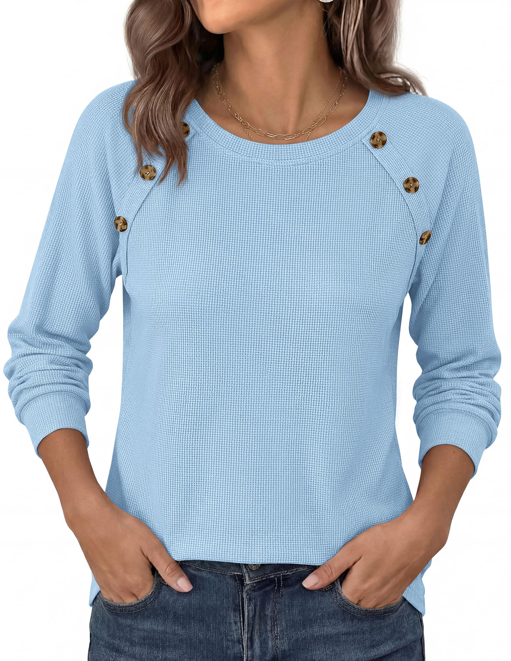 Fall Long Sleeve Waffle Knit Shirts for Women Loose Tunic Tops
