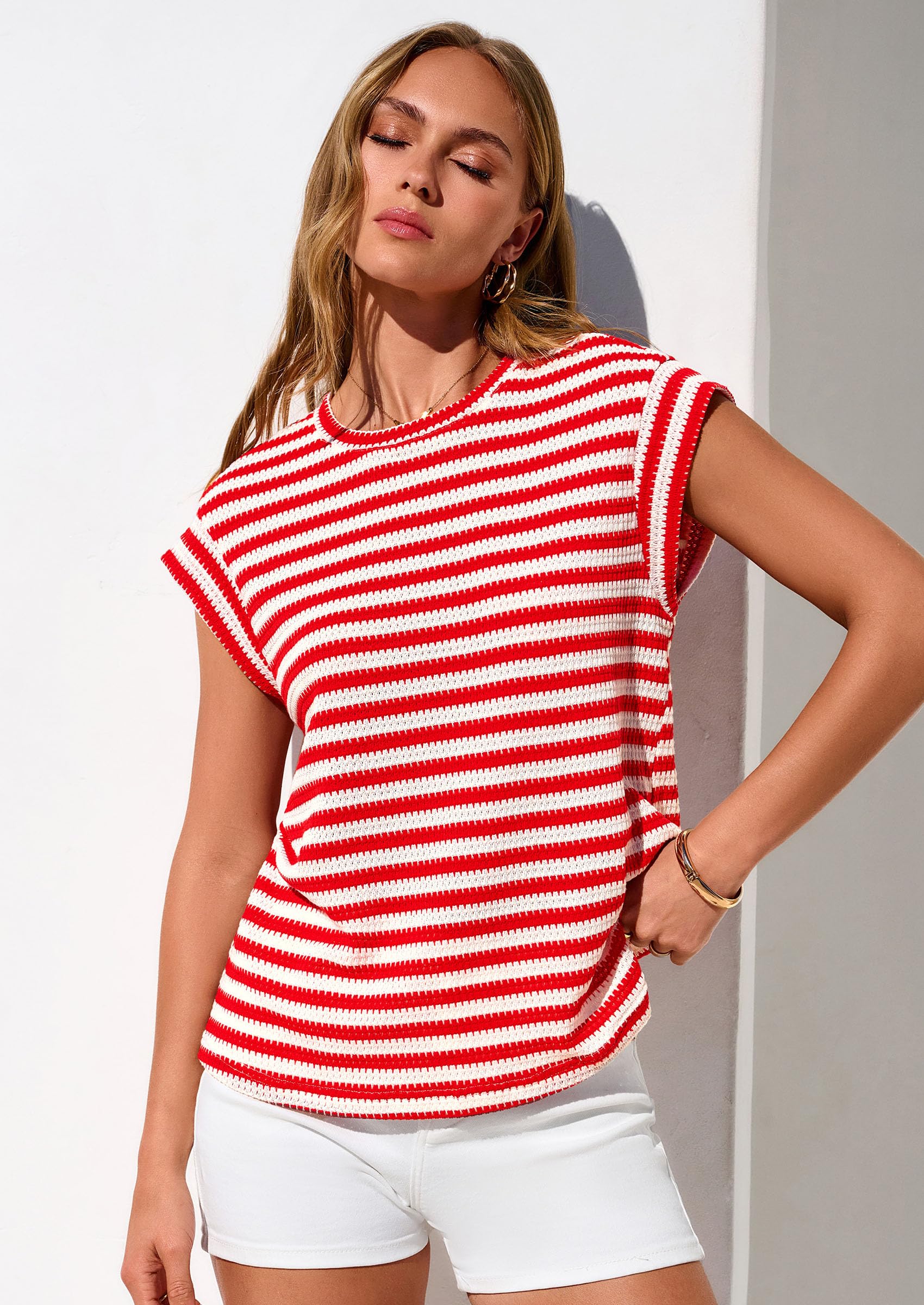 Women's Striped Knit Vest Tops, Striped Red White,S