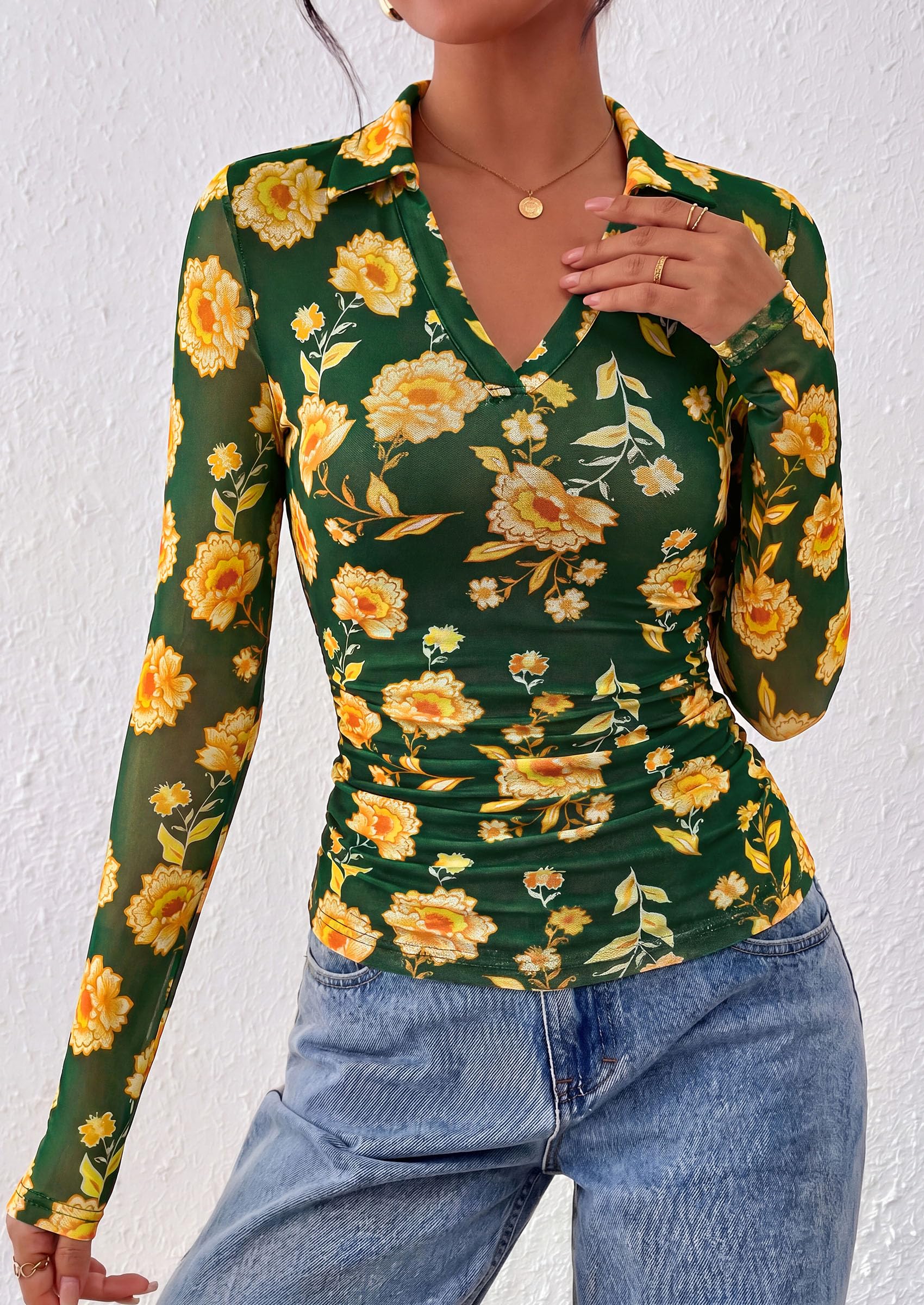 Women's Long Sleeve Boho Floral Mesh Tops Fall V Neck Blouses