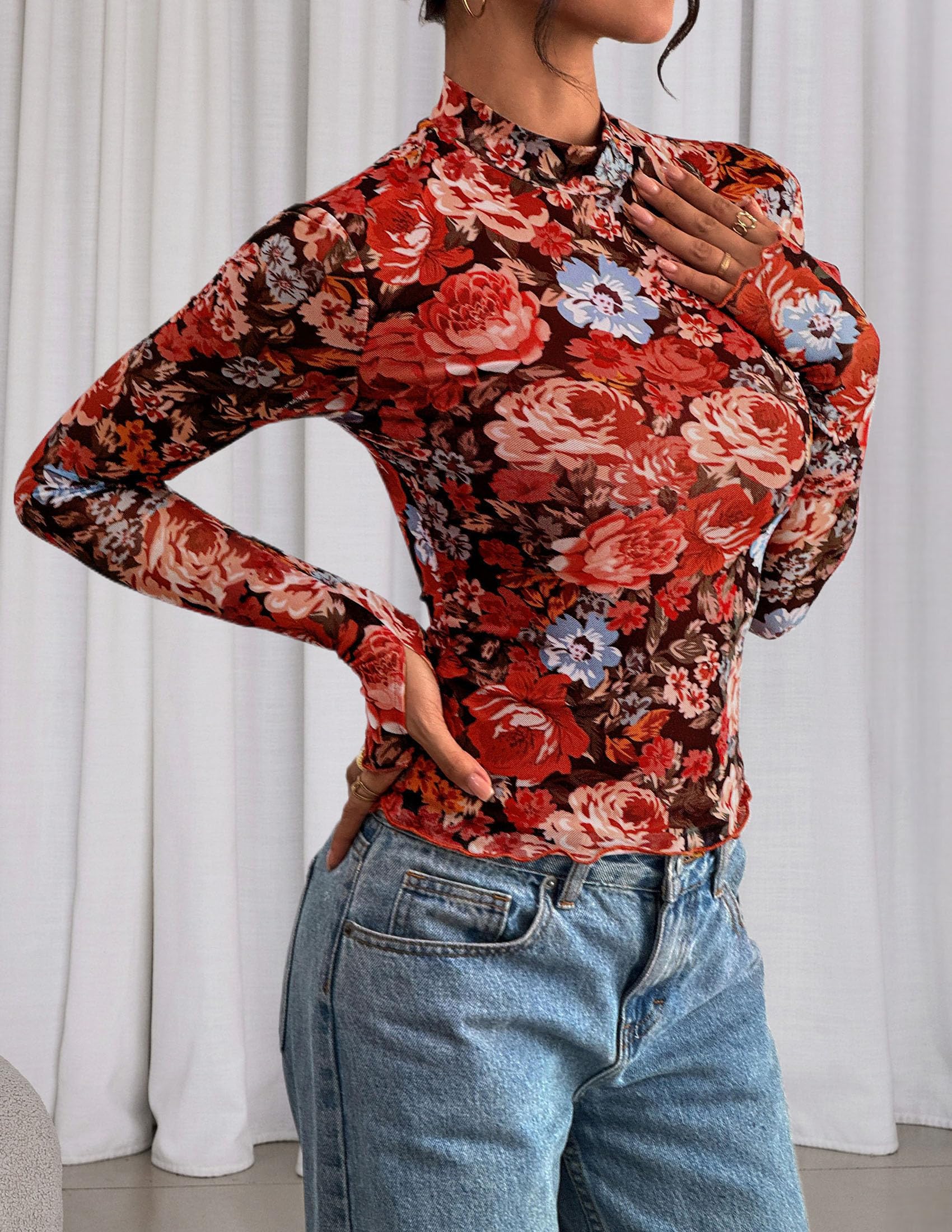 Womens Floral Mesh Long Sleeve Tops Fall Slim Fitted Shirts