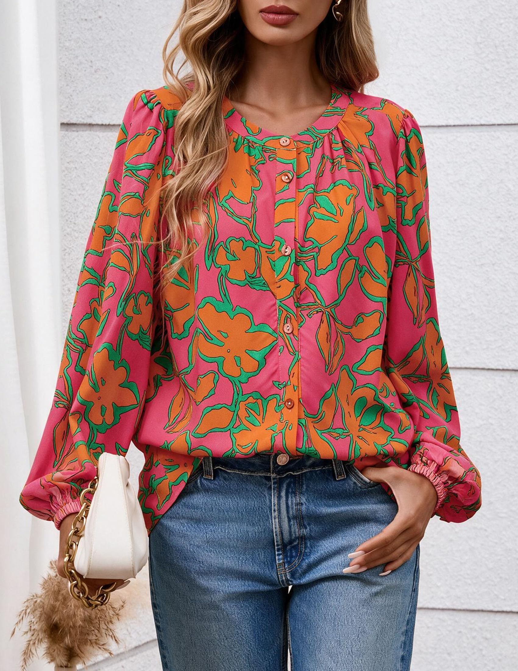 Women's Boho Tops Fall Long Sleeve Button Down Floral Blouses