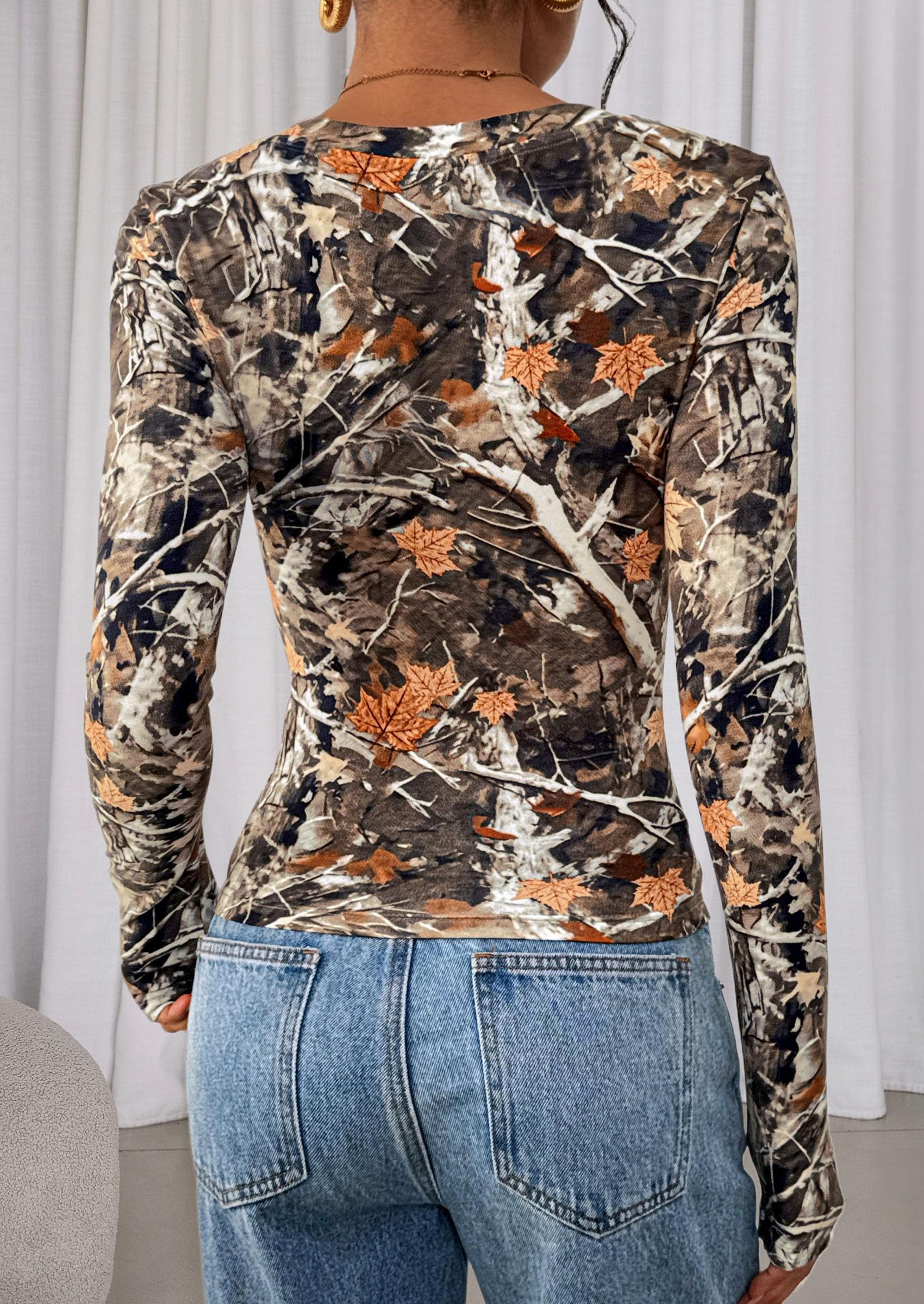 Womens Long Sleeve Slim Fit Crop Tops,Khaki Floral,XS