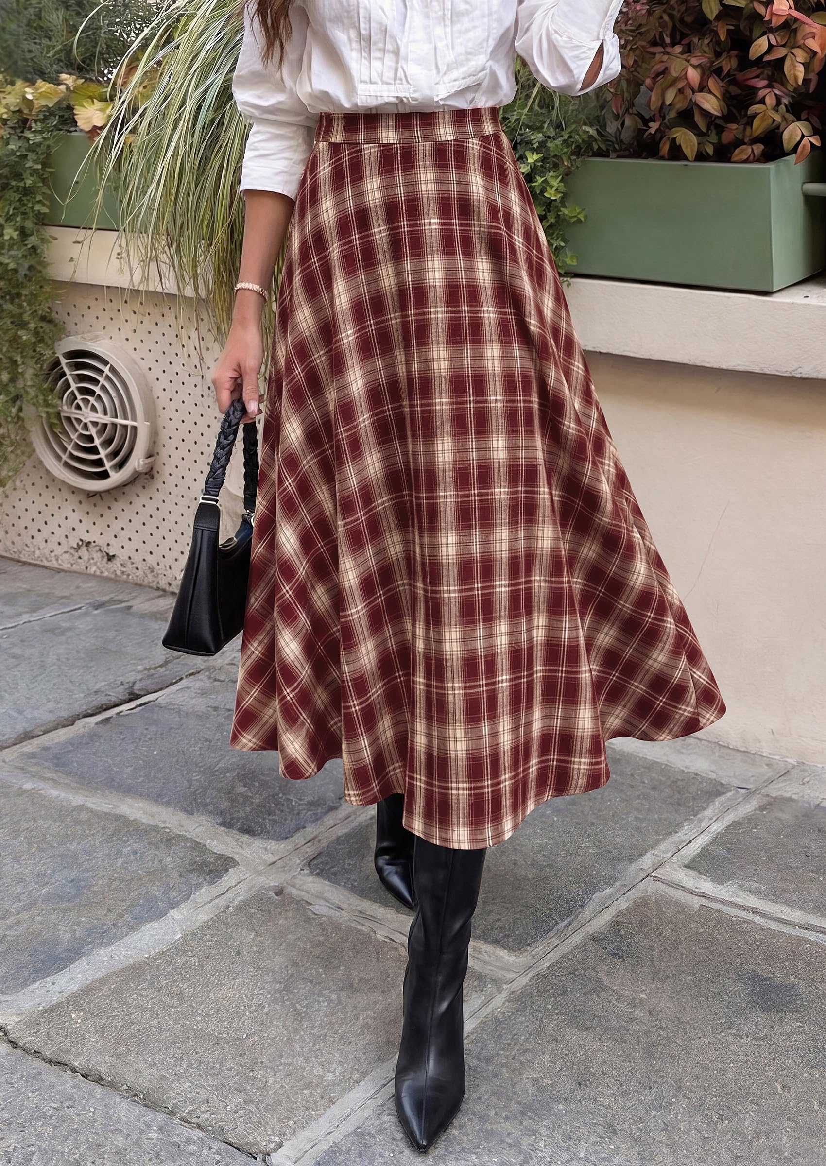 Women's Plaid High Waisted A-Line Midi Skirts,Rust Red,S
