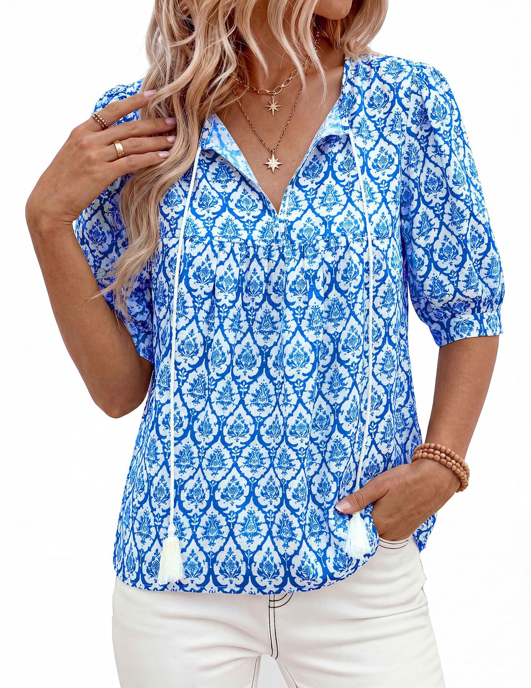 Womens Summer Boho Blouses Dressy Casual Floral Blue,S
