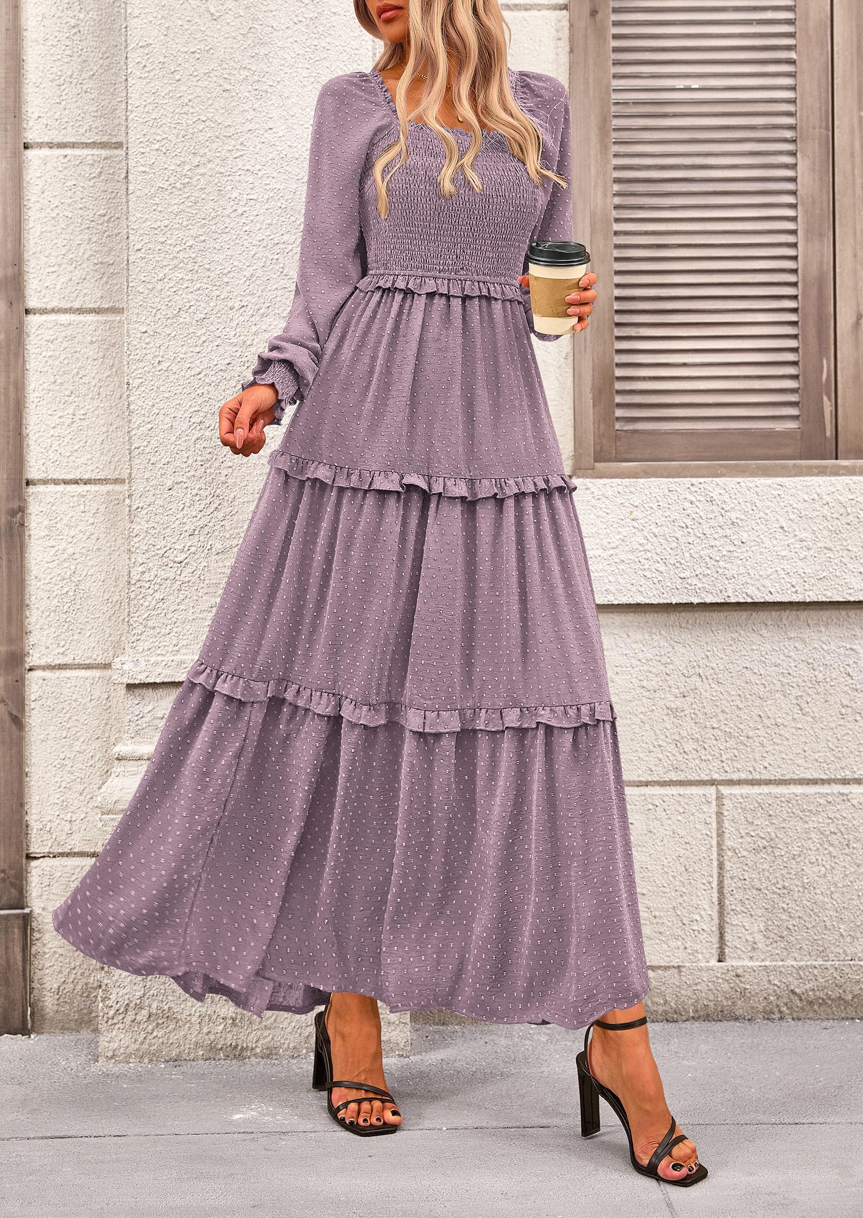Women's Smocked Long Sleeve Maxi Dress Wedding Guest Dresses