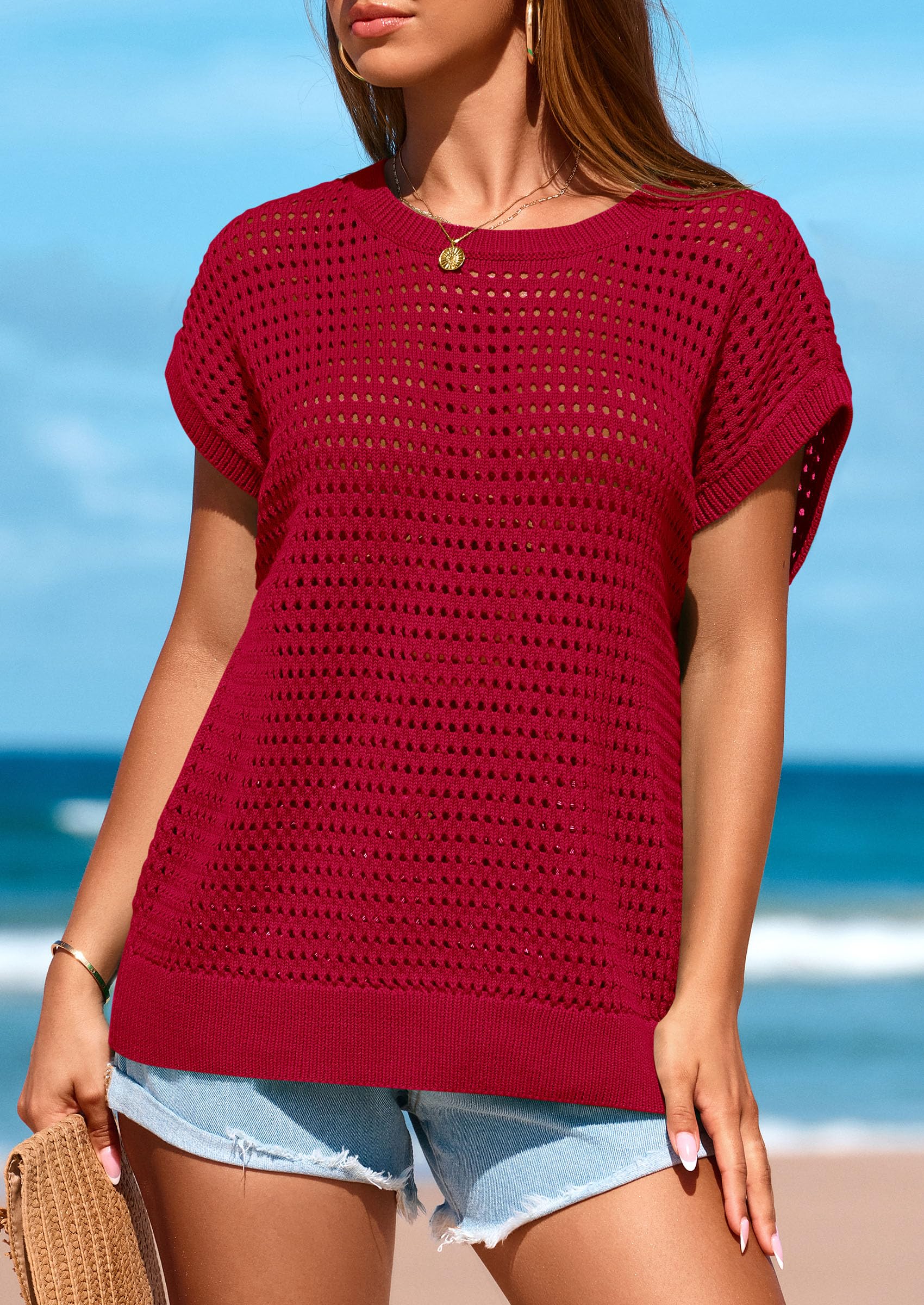 Women's Summer Crochet Cap Sleeve Sweater Tops,Red,S