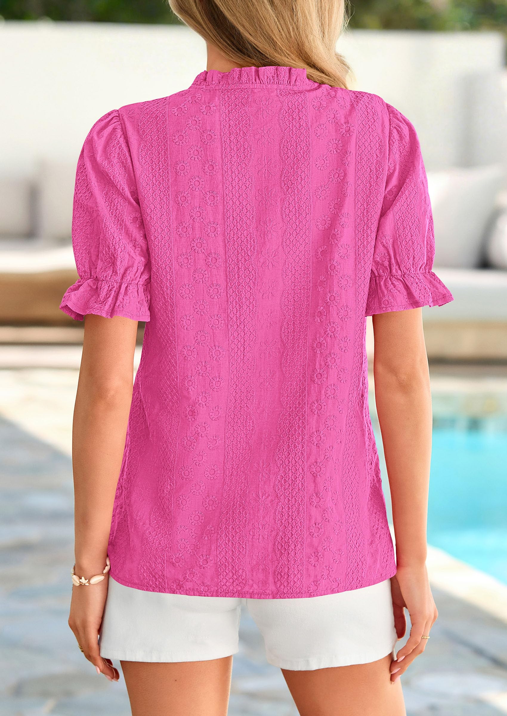 Womens Embroidered Puff Short Sleeve Tops,Rose Red,S