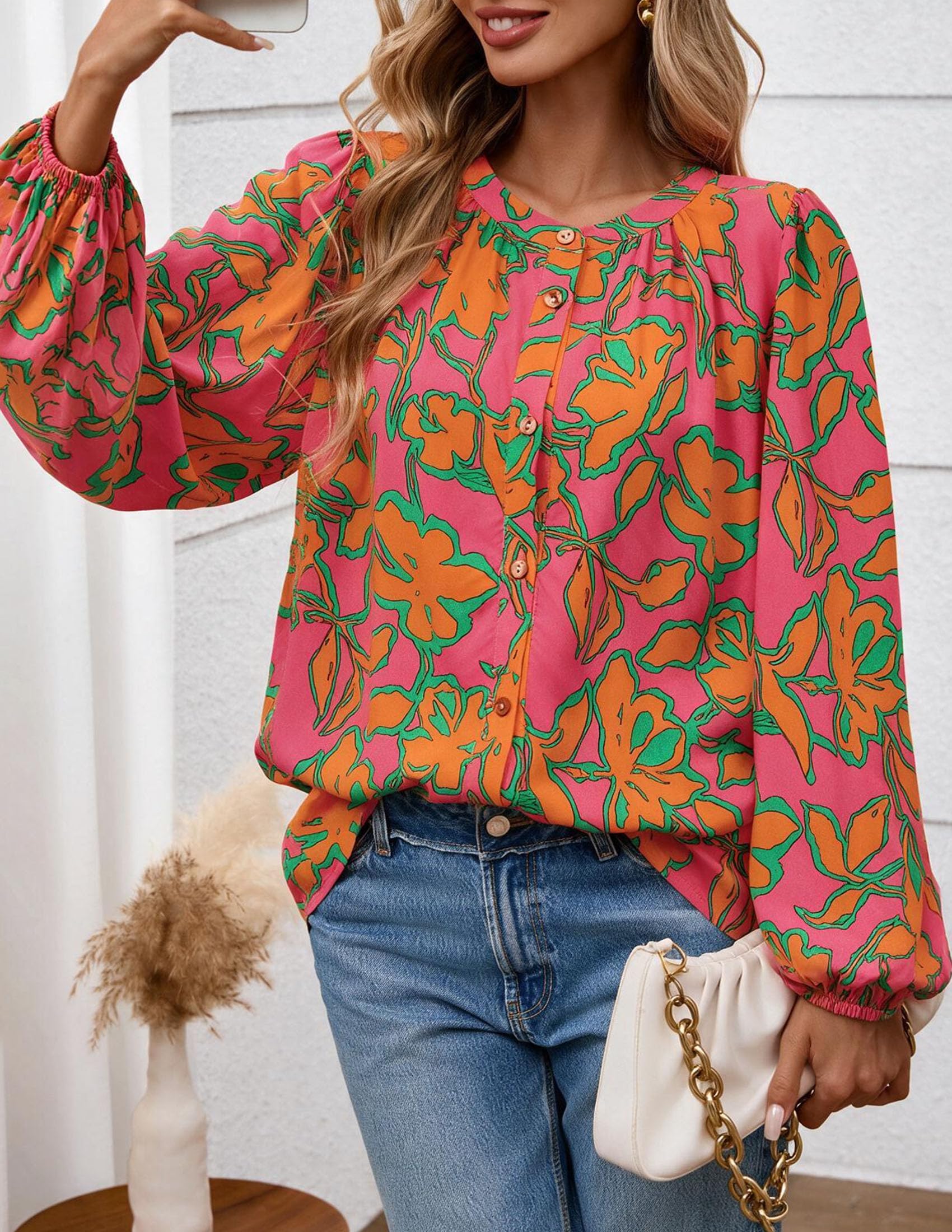 Women's Boho Tops Fall Long Sleeve Button Down Floral Blouses