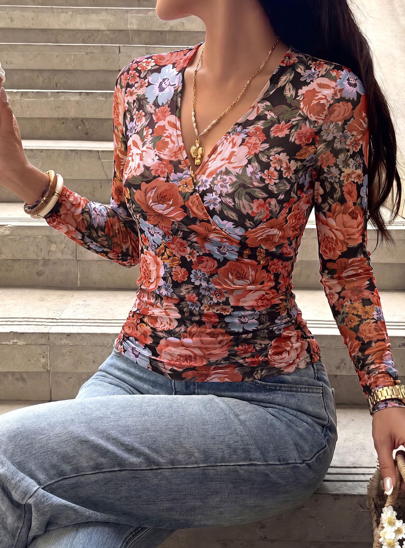 Womens Mesh Wrap Dressy Top Floral V Neck Long Sleeve Shirts