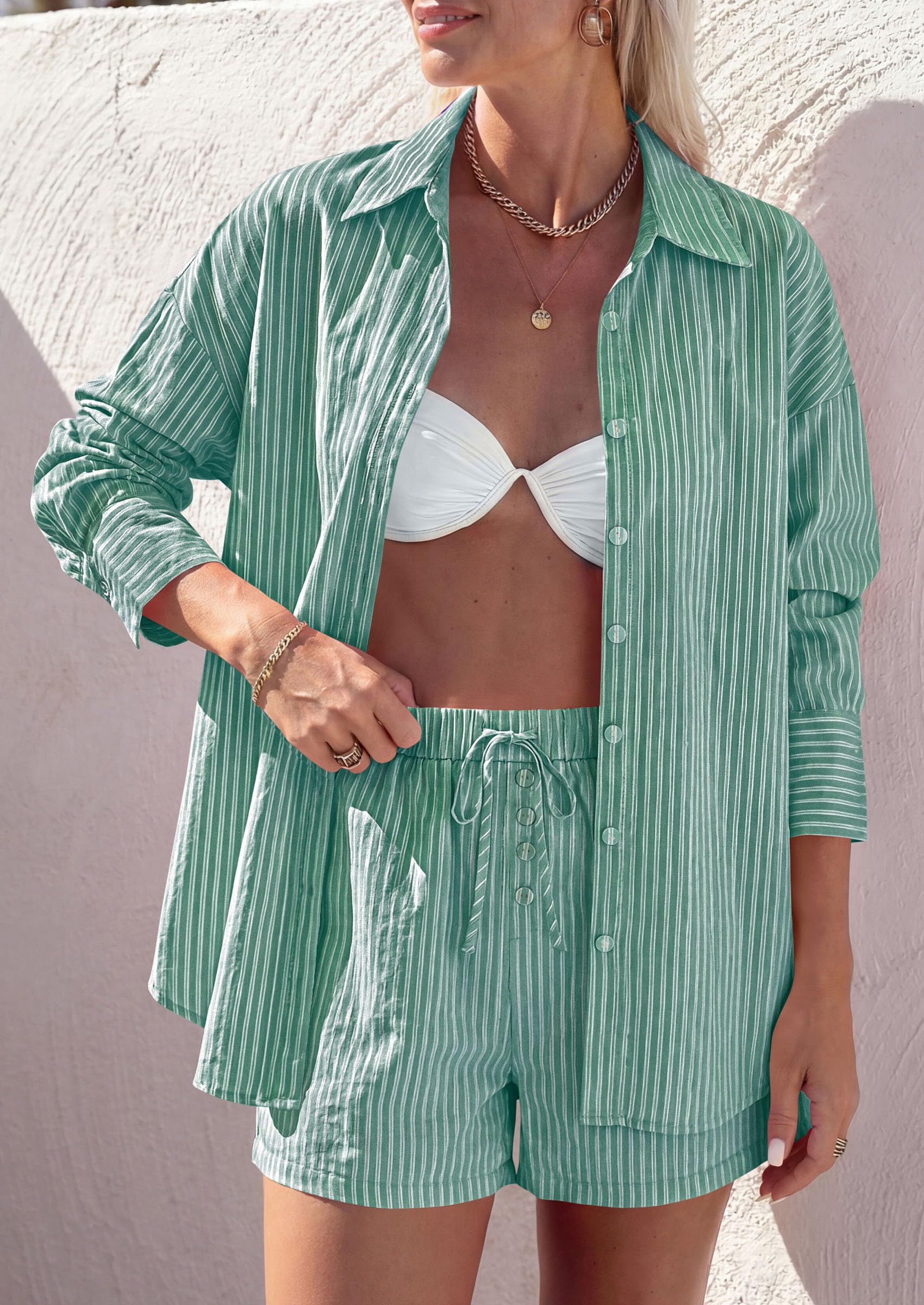 Women's Summer 2 Piece Outfits Lounge Sets Striped Green White