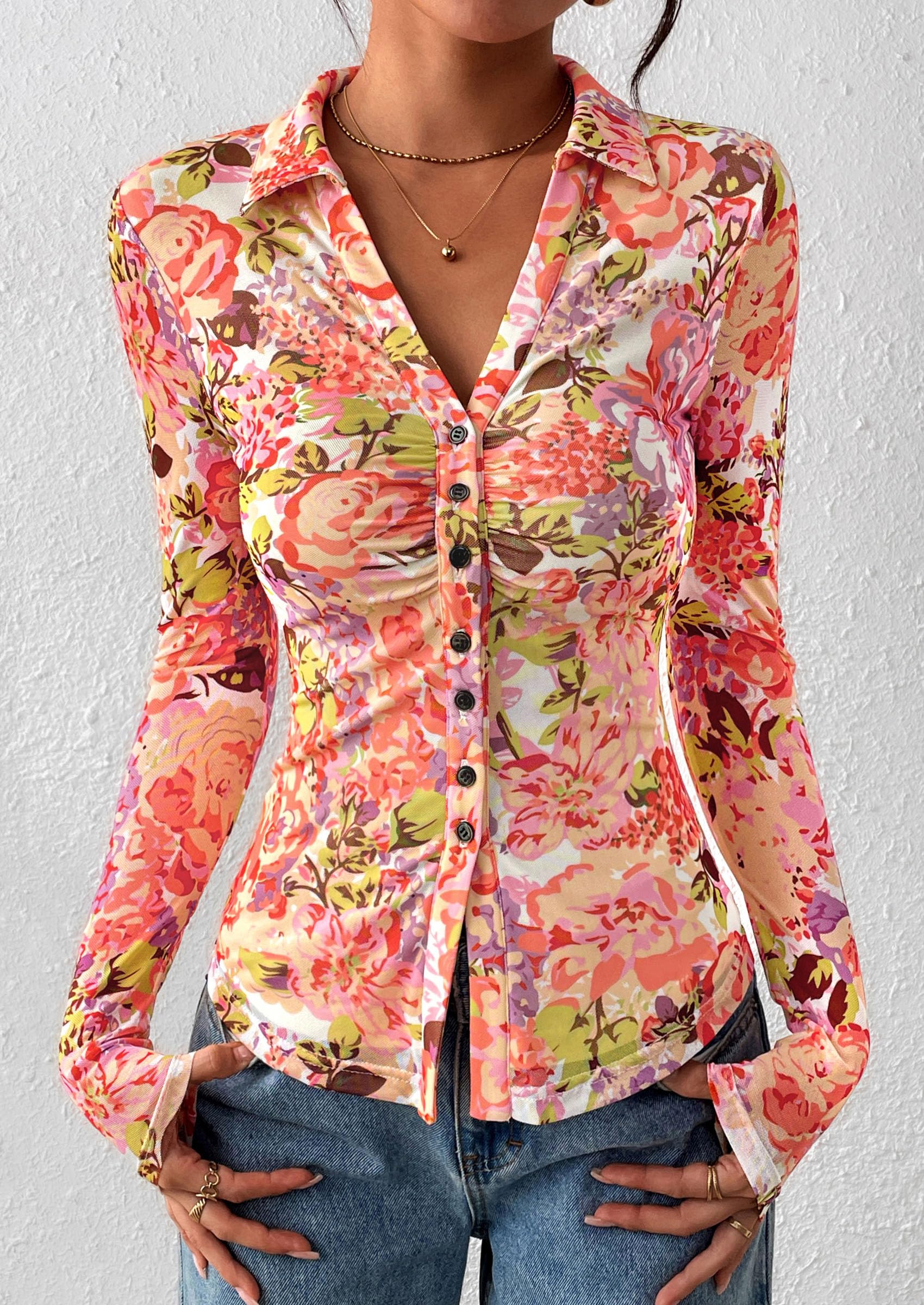 Women's Button Down Shirts Boho Mesh Floral Going Out Tops