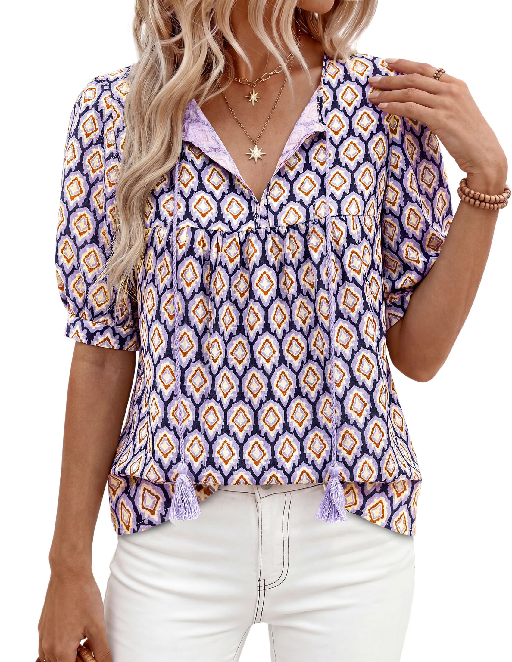 Womens Summer Boho Blouses Dressy Casual Purple,S