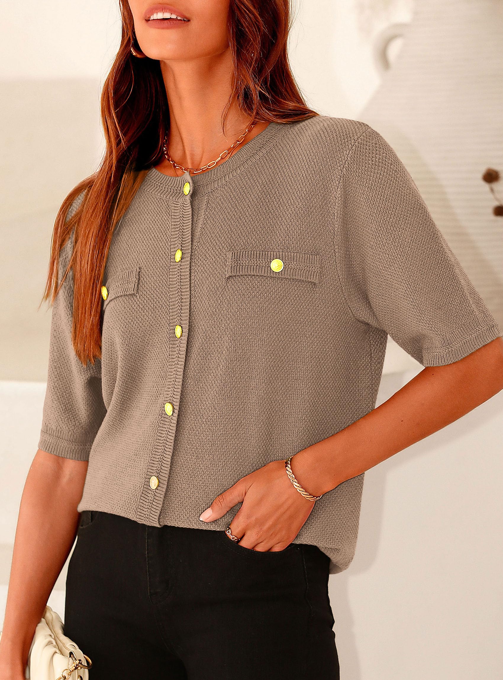 Women's Summer Casual Button Down Shirts Khaki,Medium