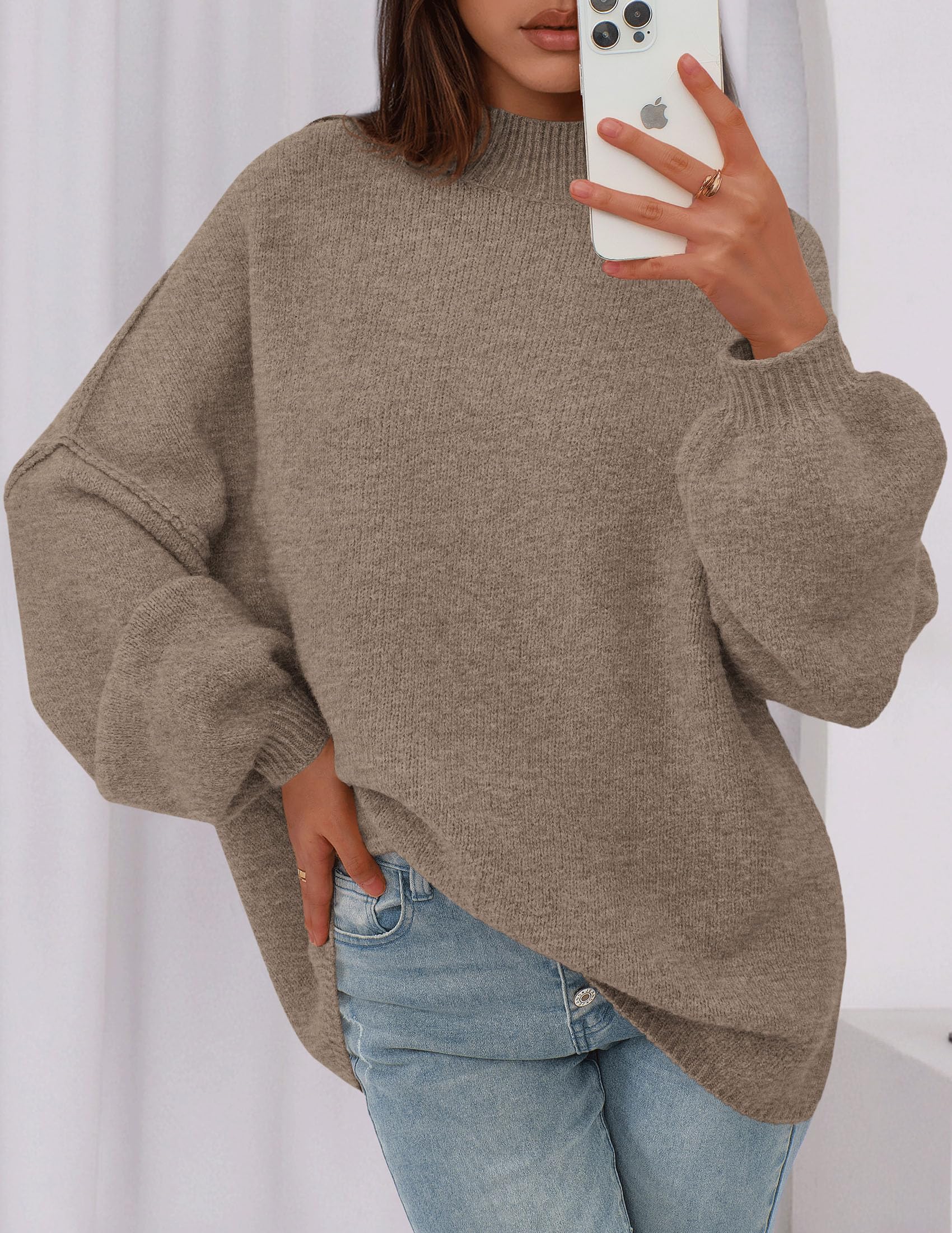 Women's Oversized Sweaters Fall Clothes (Dark Khaki,S)