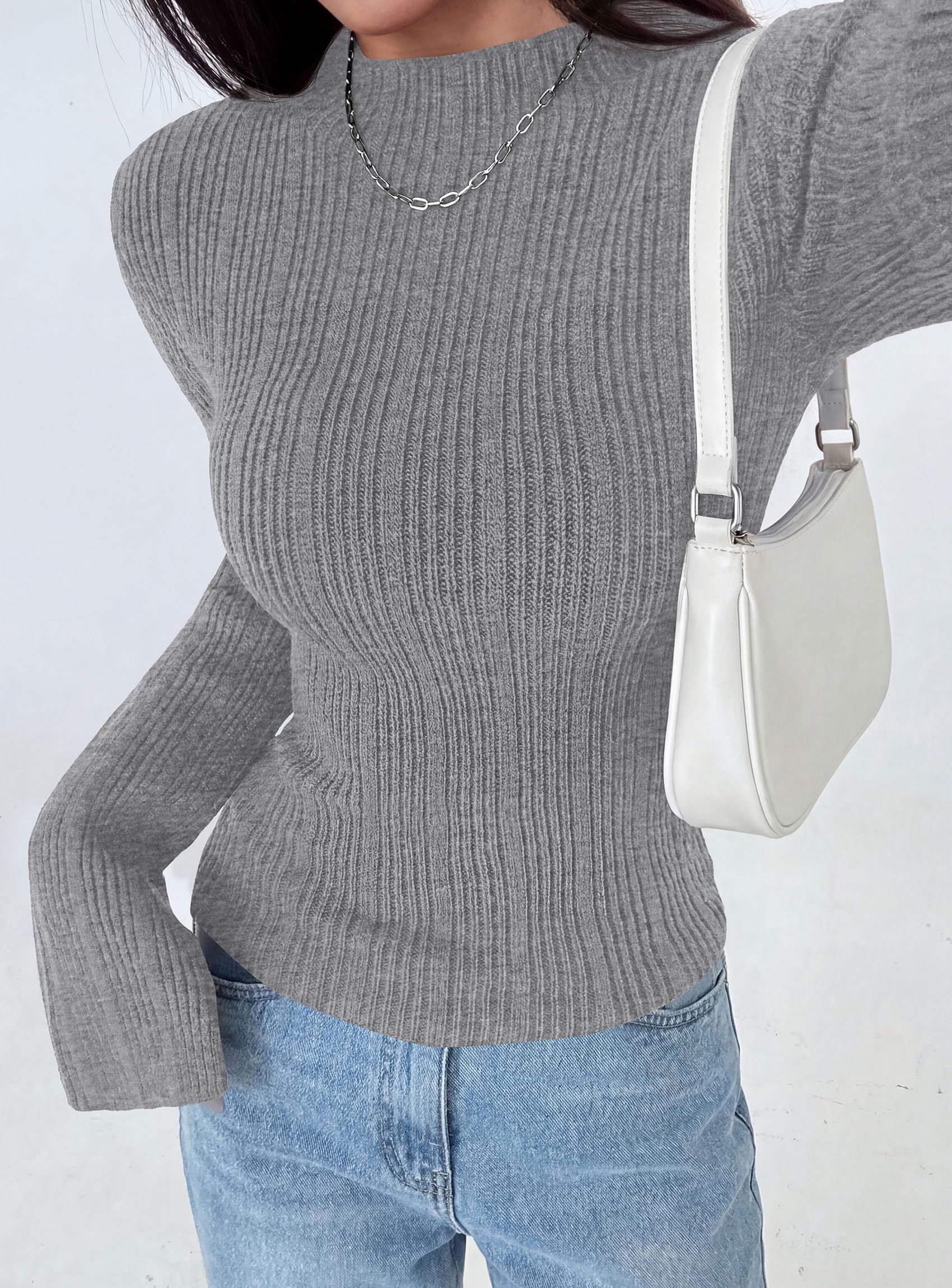 Womens Bell Long Sleeve Tops Mock Neck Sweaters,Grey,S