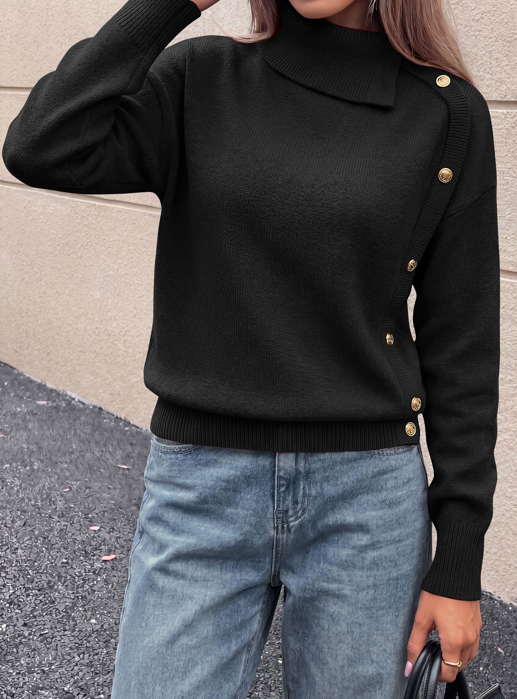 Womens Turtleneck Sweater Pullover Side Button Fall Clothes