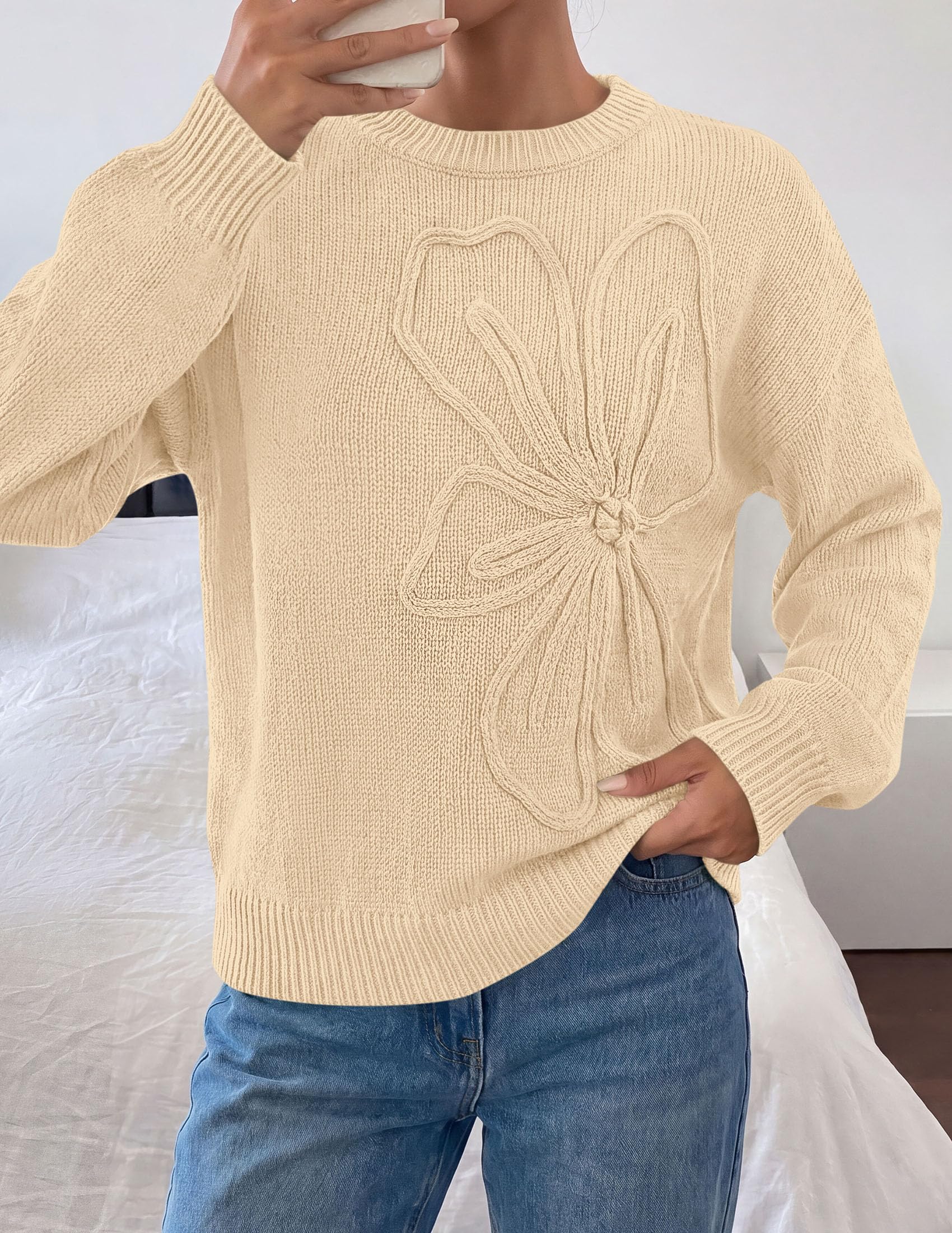 Women's Oversized 3D Floral Knit Sweater,Apricot,S