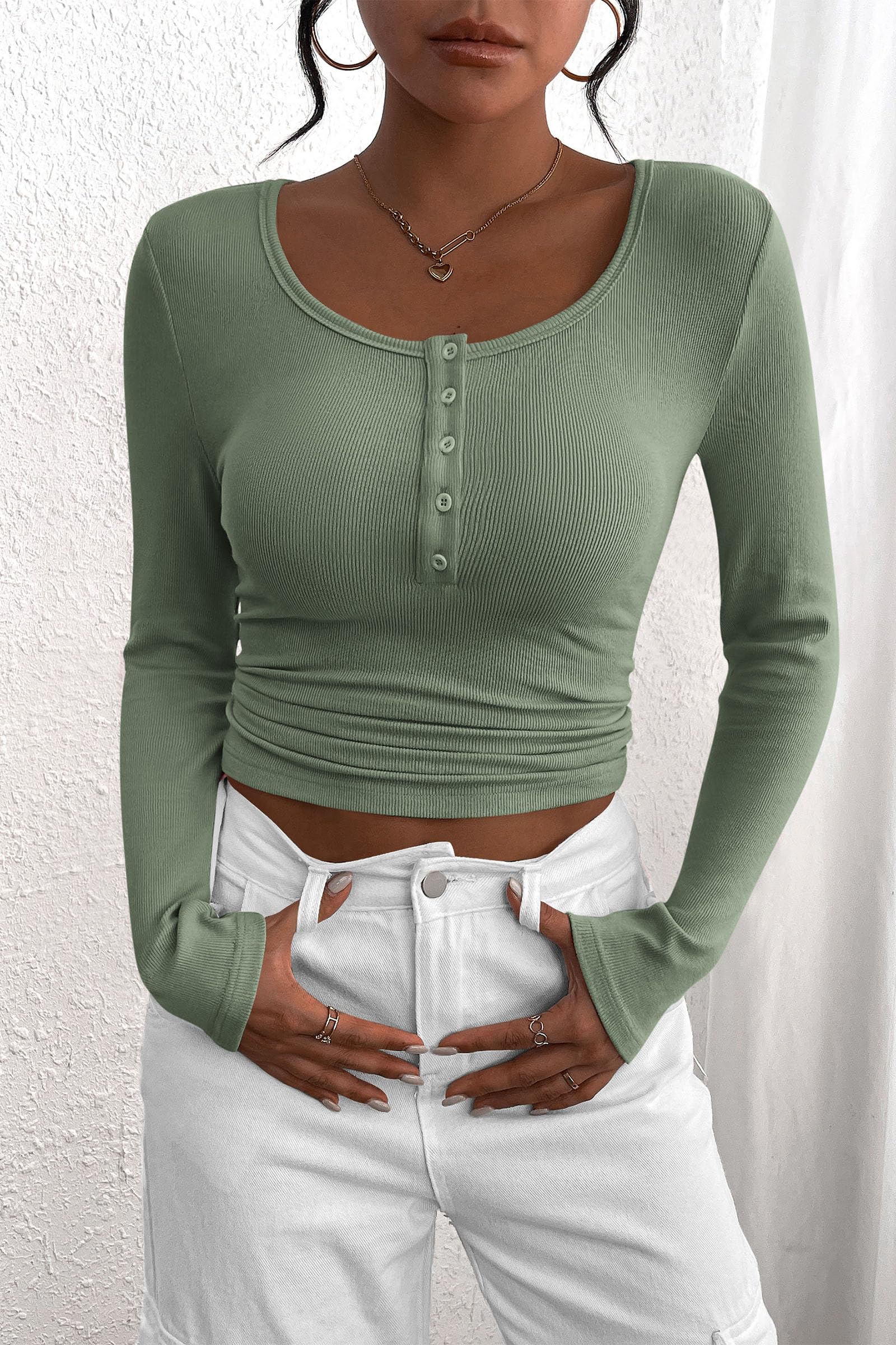 Women's Fall Long Sleeve Henley T Shirts Sage Green