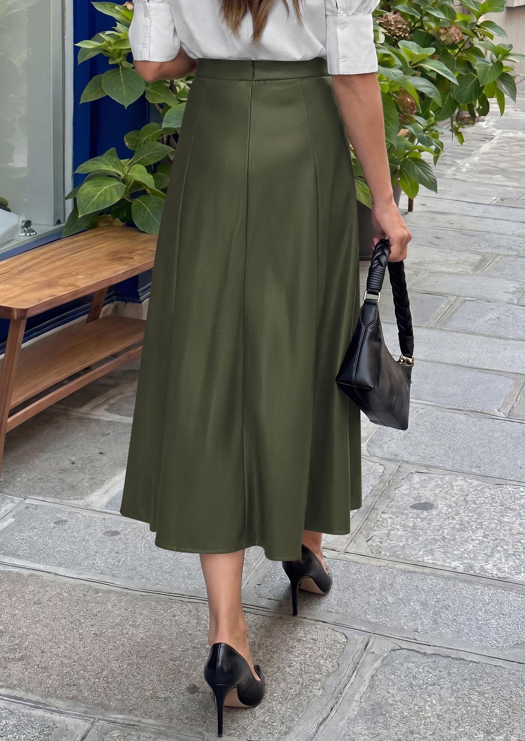 Womens Faux Leather High Waisted Midi Skirt,Army Green,S