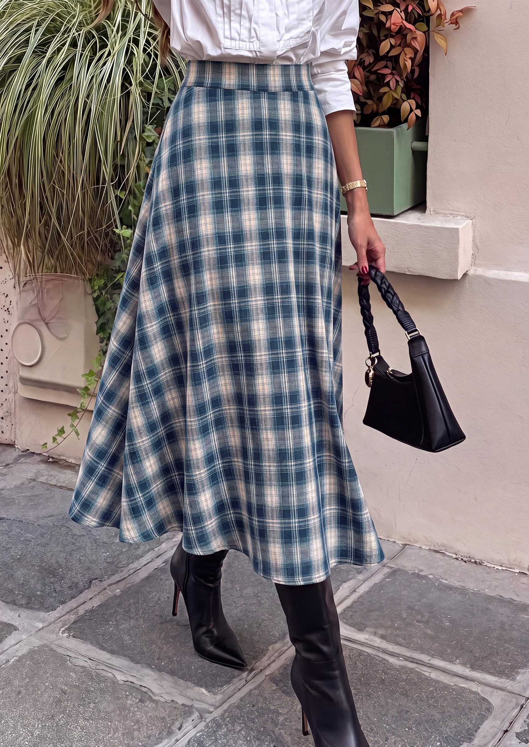 Women's Plaid High Waisted A-Line Midi Skirts,Dusty Blue,S