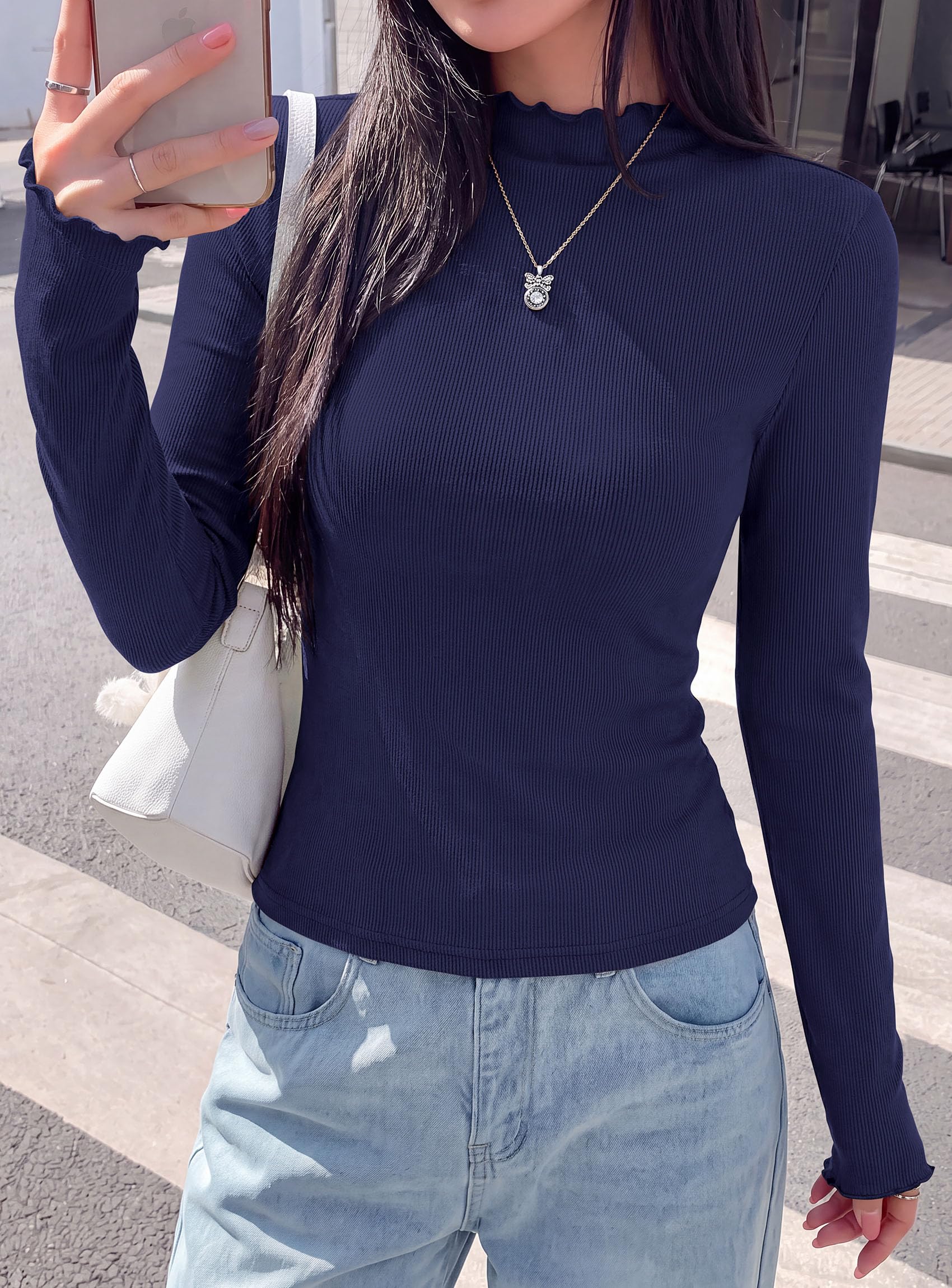 Women's Long Sleeve T Shirts Lettuce Trim Mock Neck Tops