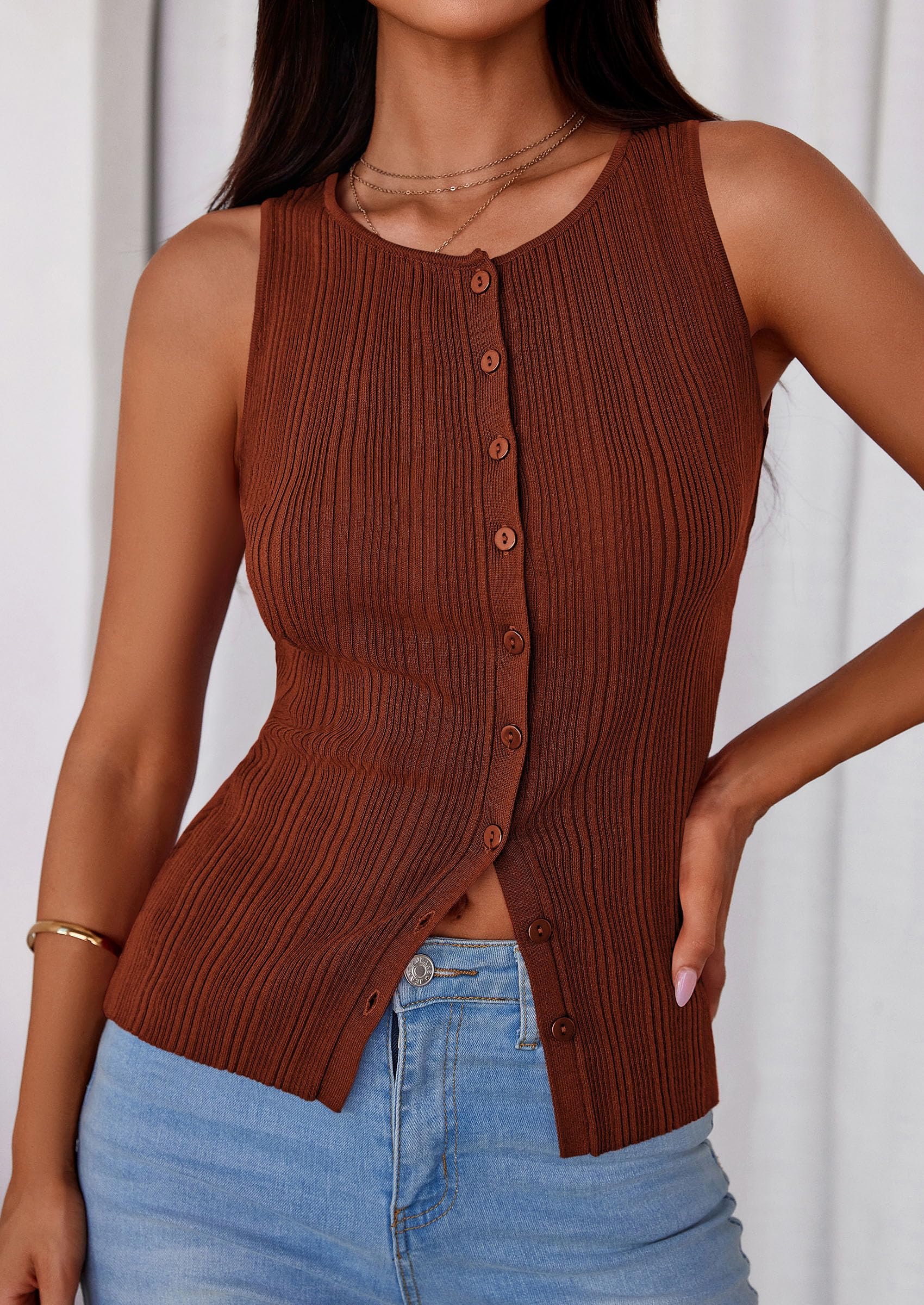 Sleeveless Button Down Shirts for Women Summer 2026 Going Out Ribbed Knit Tank Tops Y2K Clothes Trendy Vest Tops Caramel