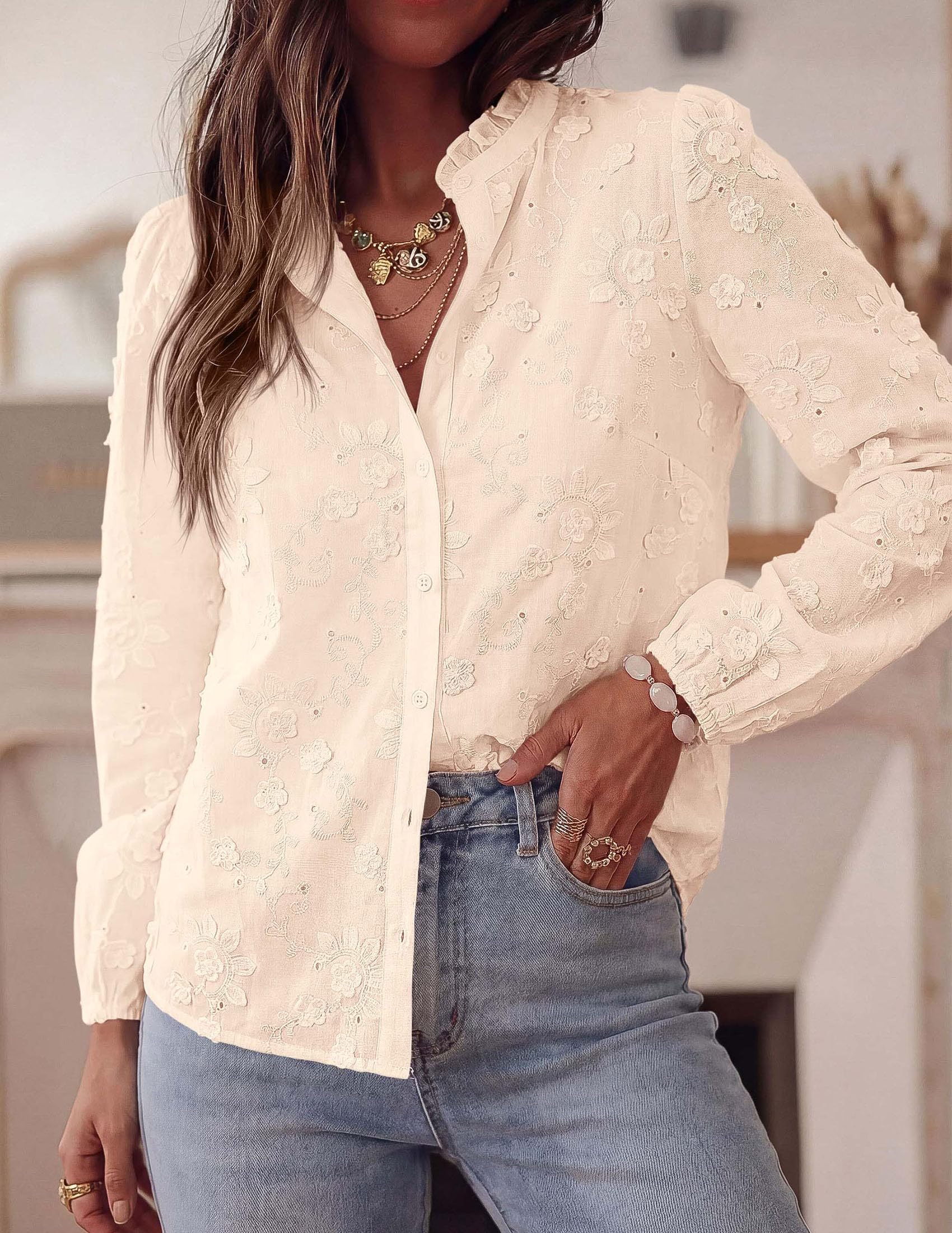 Women's Floral Embroidered Button Down Shirts Work Blouses